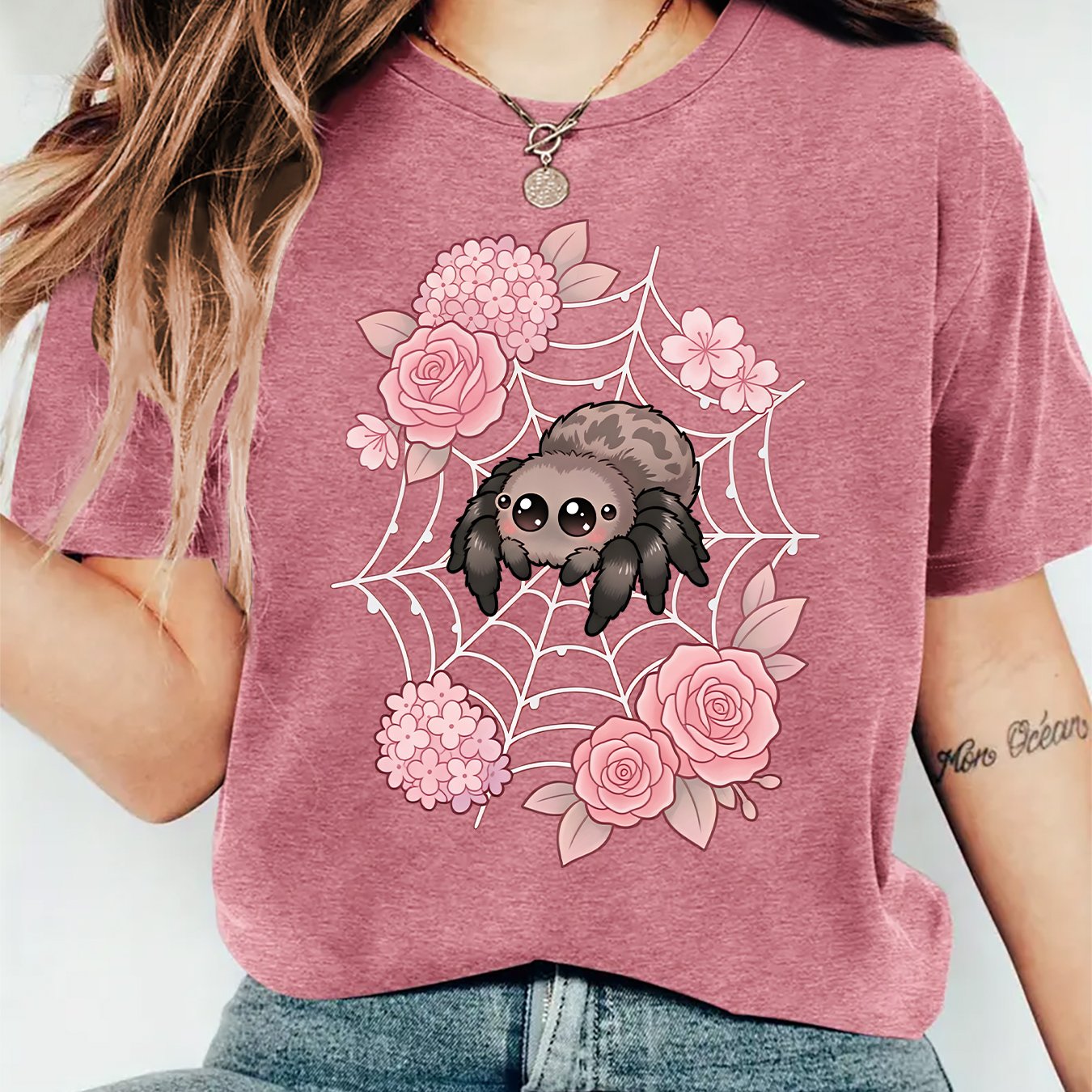 TEMU 2026 New Women's Clothing, Pink Rose Hydrangea Spiderweb Big- Jumping Spider Soft Cute Cartoon Round-neck Short-sleeve T-shirt, Sporty Casual