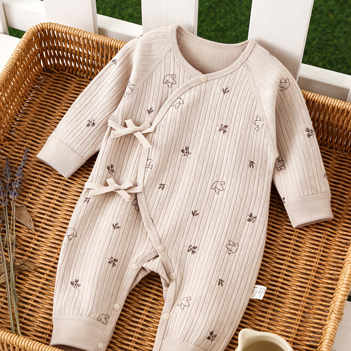 Image of Brown Light Brown Color With Lace-up Straps Design, Unisex Baby Romper Crawling Suit. Of Straps On And . And Leaf Print Infant Bodysuit Romper. Snap Button Design At The Crotch And Neckline.