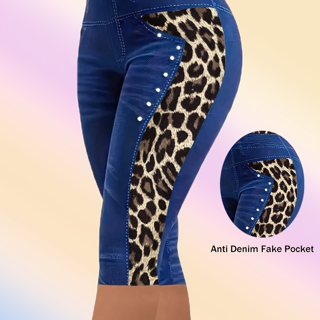 E-shop Plus Size, [Bedruckte Hosen - Kein Denim-Stoff] Große lässige Imitat-Denim-Leggings mit Leopardenmuster