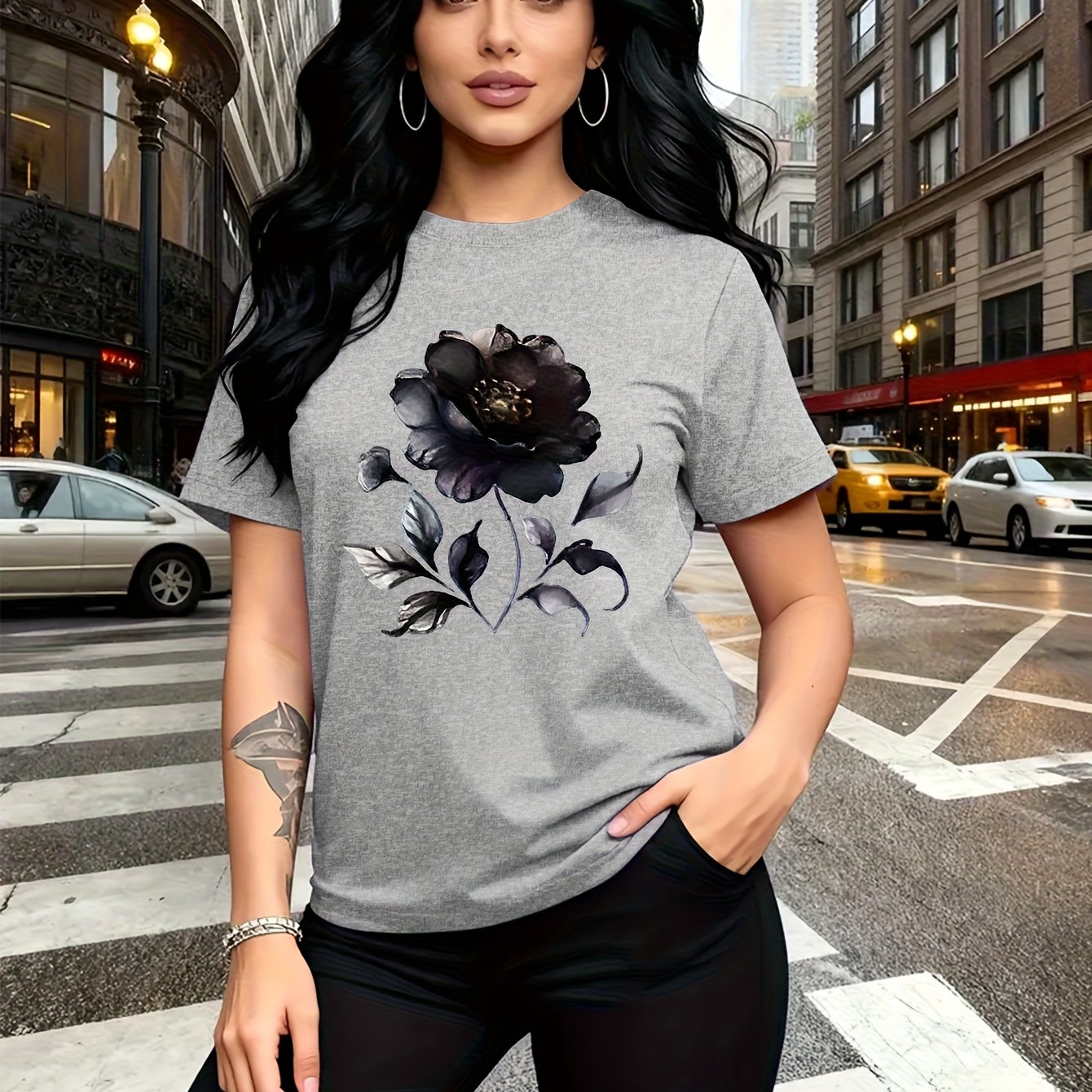 TEMU Dark Style Black And Deep Purple Watercolor Floral Pattern Print Trendy Fashion, Easy Round Neck Casual Versatile Short Sleeve Women's T-shirt