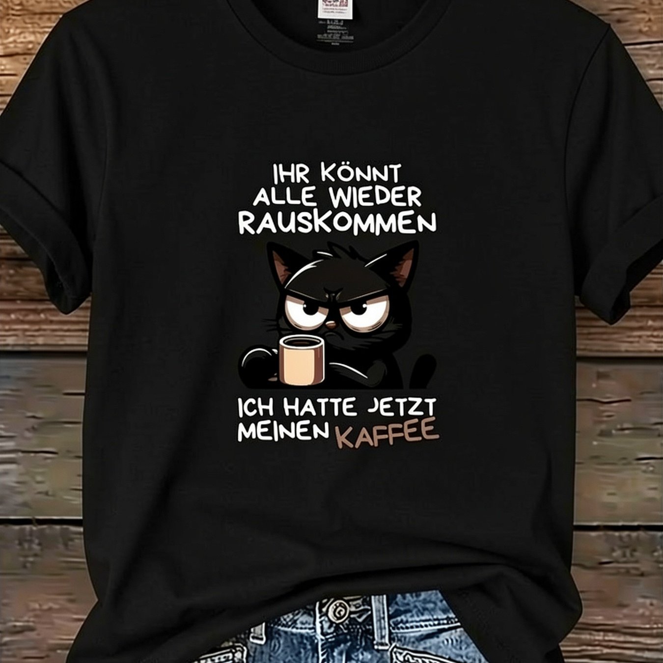 Image of Men's German Coffee Quote And Black Cat T-shirt - I Hate It When Drinking Coffee Saying - Lightweight Breathable Casual Loose Fit Tee For Gift - Men's Shirt Plus Size