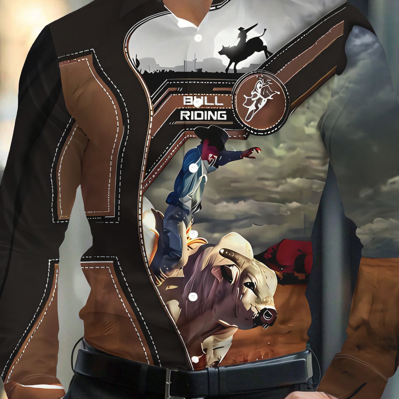 TEMU Men's Shirt With Buttons And A Stylish Collar, Set Against A Backdrop Of Dark Clouds And Yellow Sand In A Rodeo Scene - A Fashionable And Chic