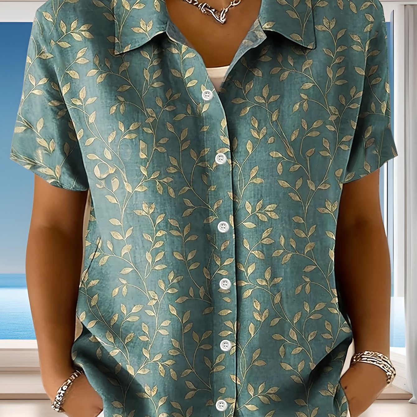 TEMU [printed Design – Not Textured] 2026 Summer New Arrival - Casual And Fashionable Botanical Leaf Print - Women's Short Sleeve Shirt Top -