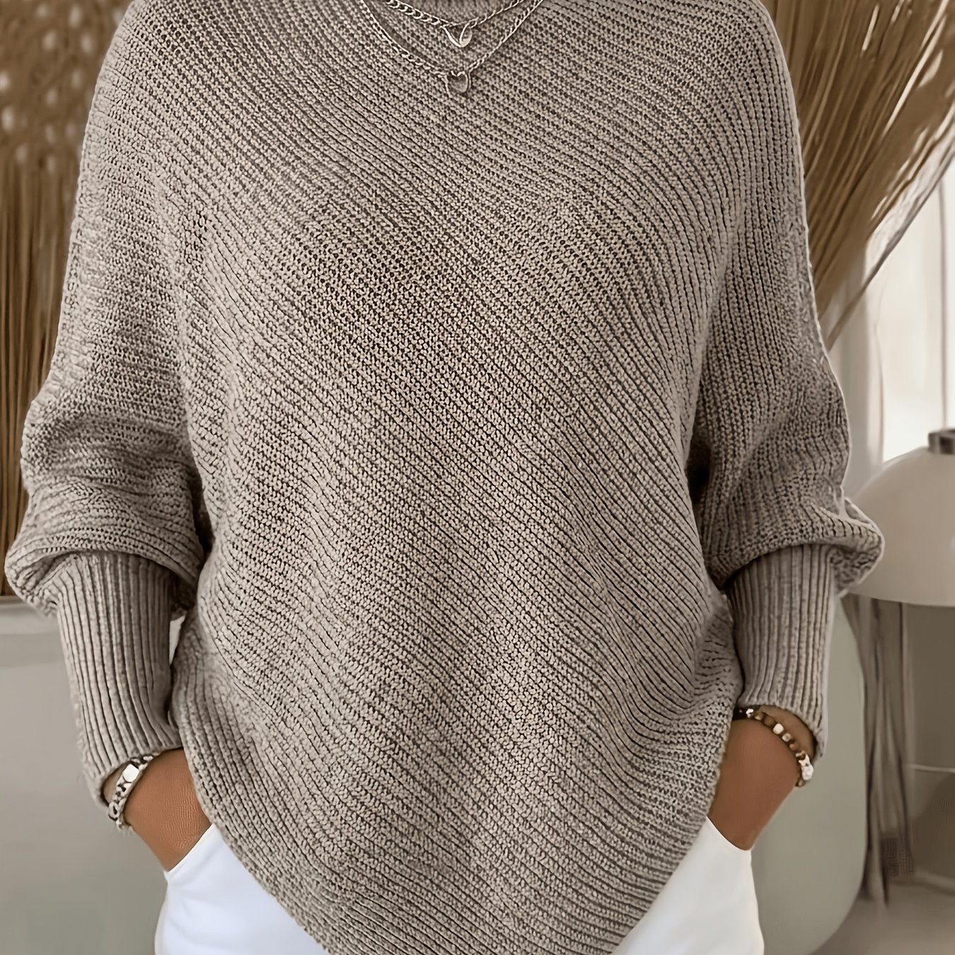 TEMU Women's Shawl Pullover Sweater Solid Color High Neck Sweater Checkered Asymmetrical Hem Top Autumn Winter Loose Lazy Style Base Layer