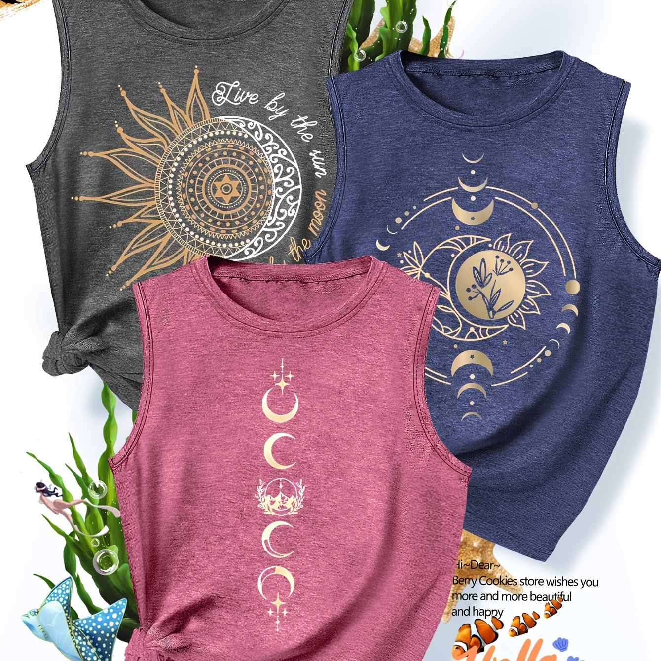 TEMU 2026 New Women's Tank Top Set Of 3, Featuring Lunar Floral Prints With Easy And Stylish Designs, Perfect For Casual Wear And Summer, In Sizes