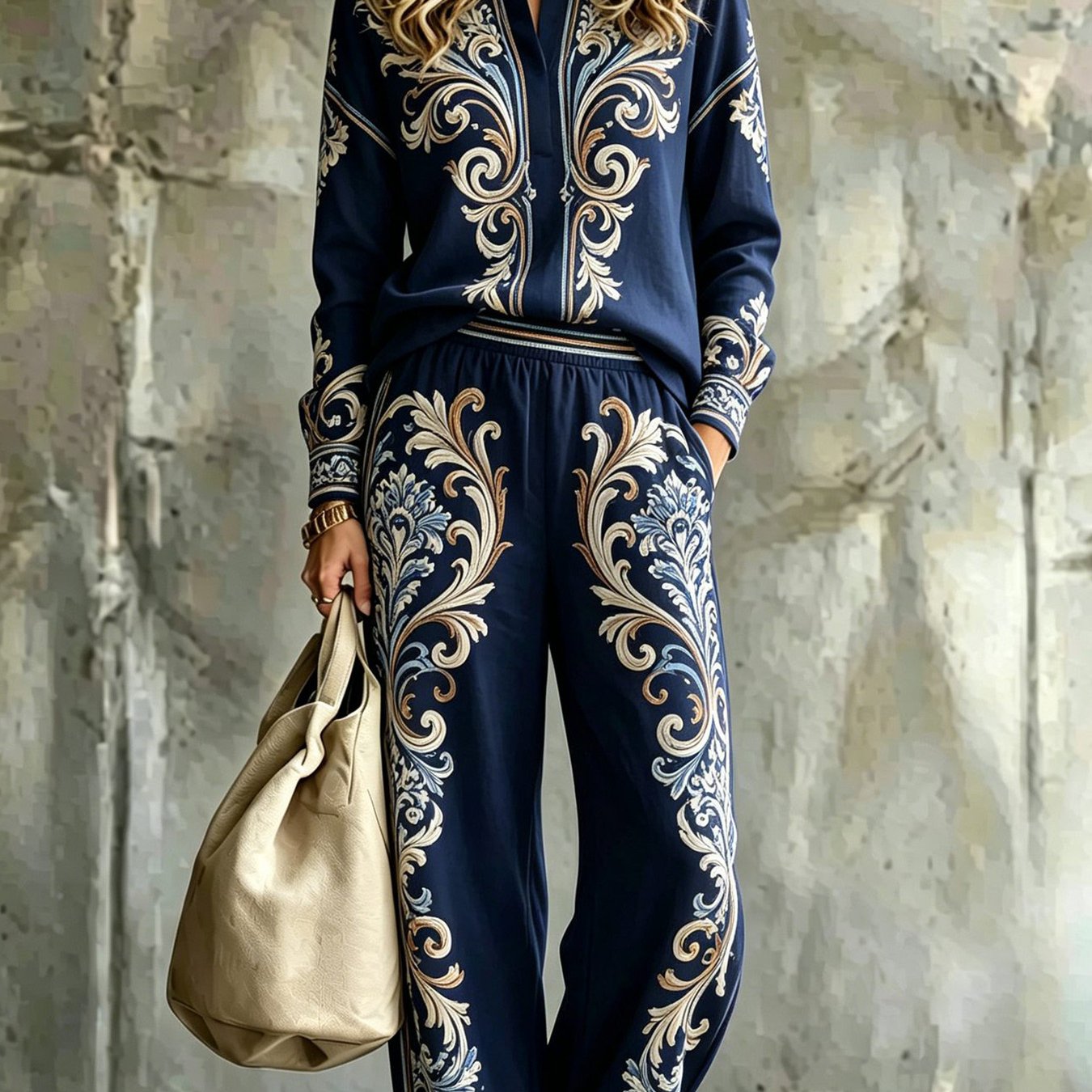 Image of Two-piece Set, European And Women's Casual Outfit, Small V-neck Long-sleeve Top And Women's Casual Long Pants, Comfortable Fabric, Suitable For Everyday Casual Fashion Gatherings And In