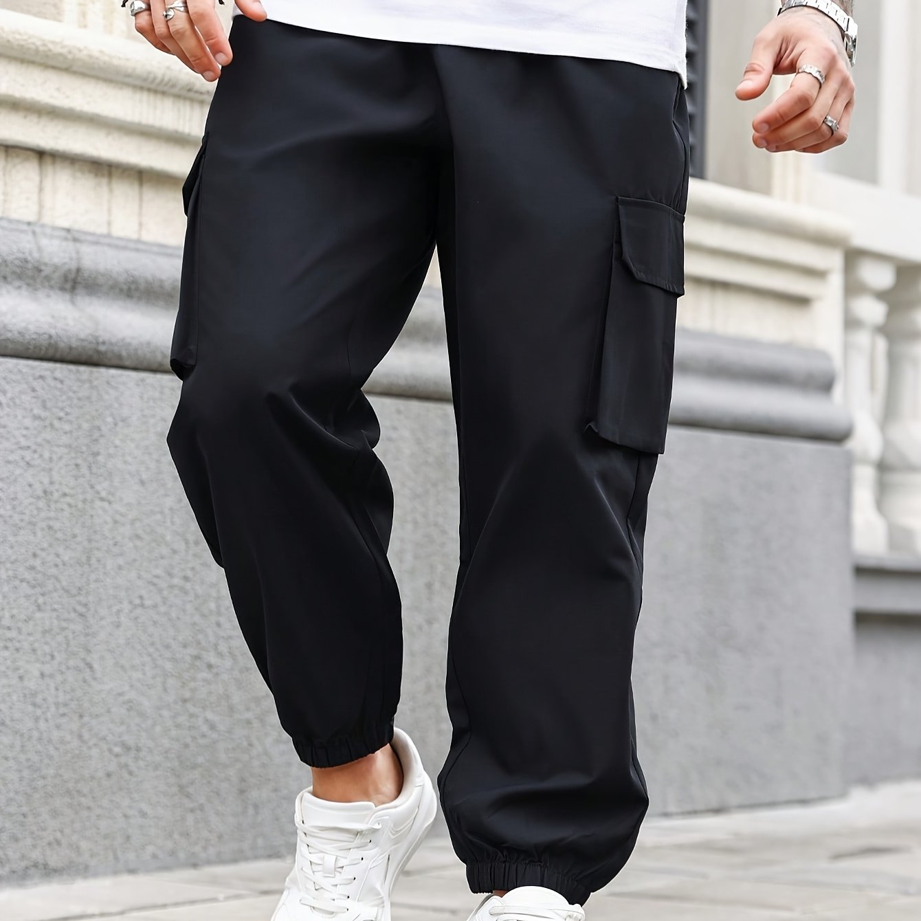 TEMU Men's Minimalist Black Cargo Joggers | Breathable Casual All-match Multi-, Plus Size