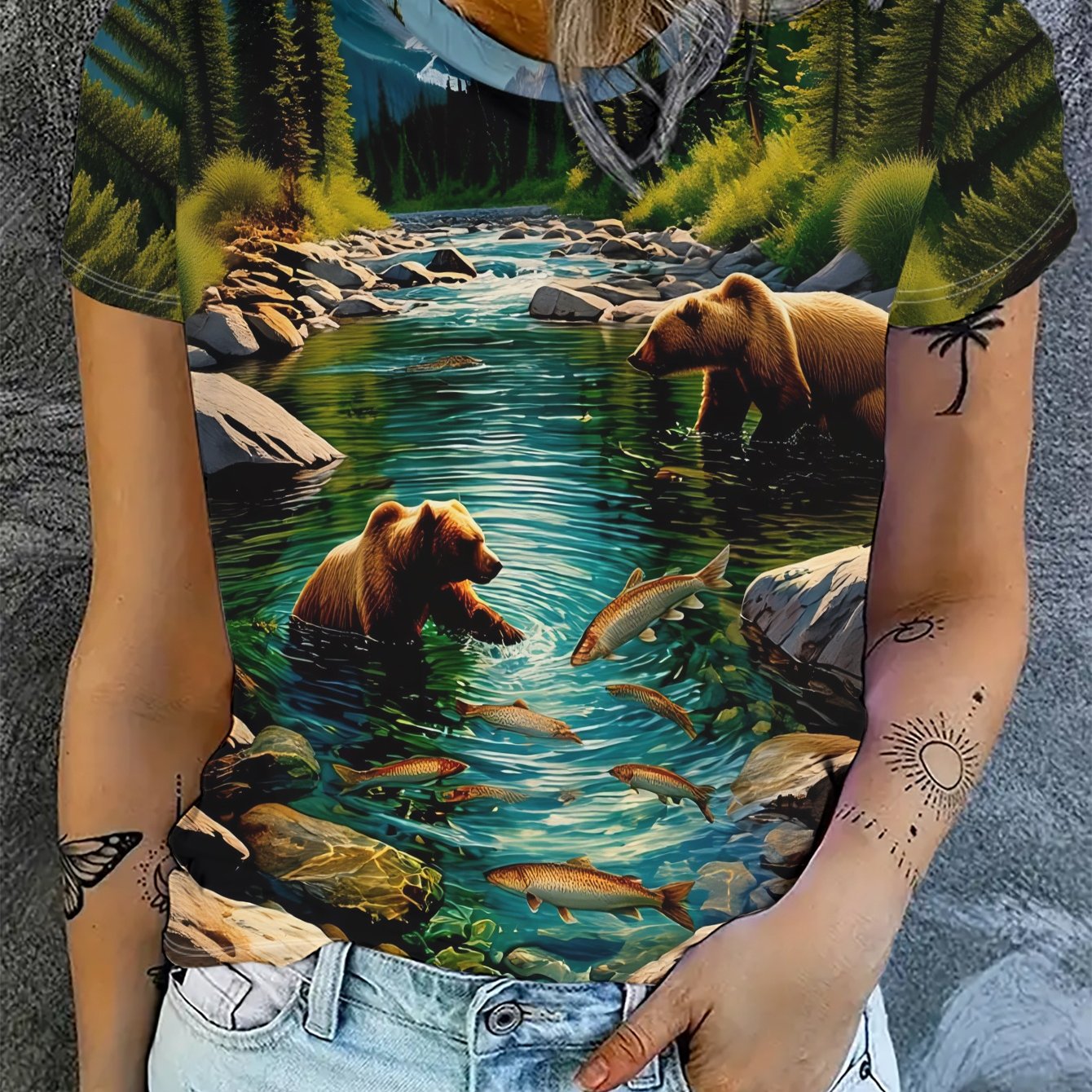 TEMU Women's Full- & Stream Forest Print Short-sleeve T-shirt - Casual Summer Blouse For Outdoor, & Casual Attire - Breathable Natural Scenery Top
