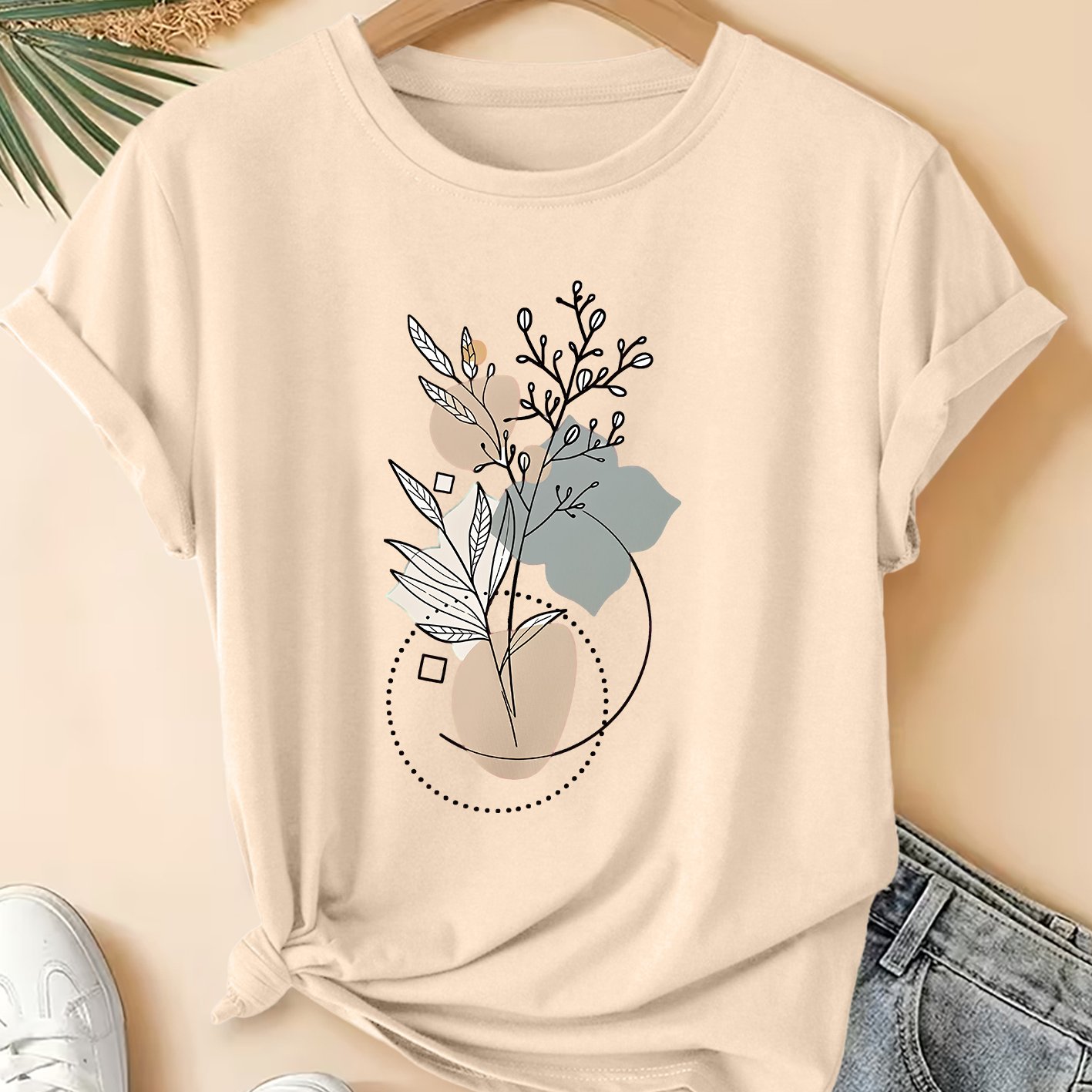 TEMU Women's Summer Clothing, Easy Line Drawing Plant Print Round Neck Short Sleeve T-shirt, Fashionable Vacation Daily Versatile Plus Size Friendly
