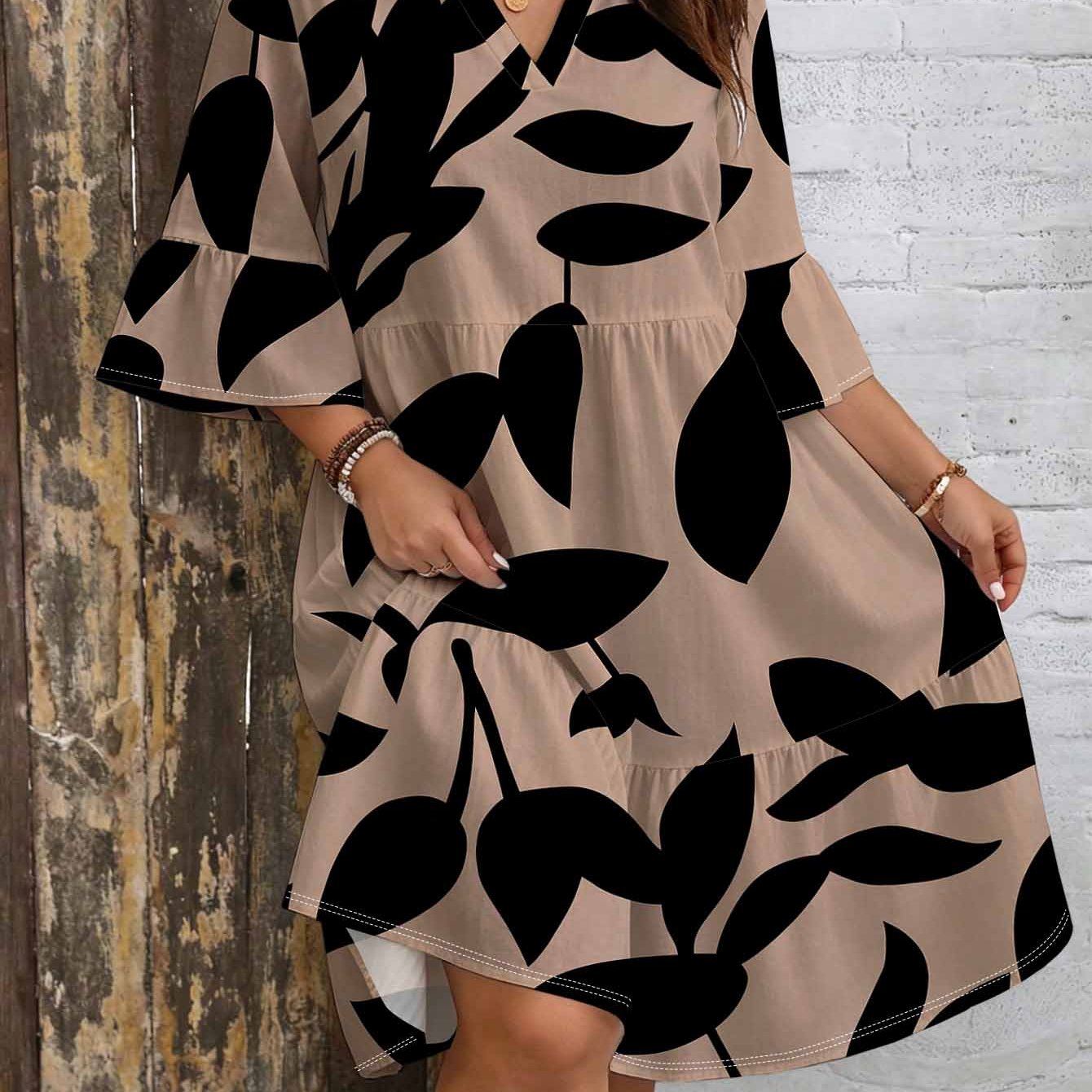Image of Plus Size, Plus Size Print Dress For Women. Notch Collar. Bell Sleeves. Layered Skirt. Loose Fit Stylish Minimalist Vacation Summer Beach Dress