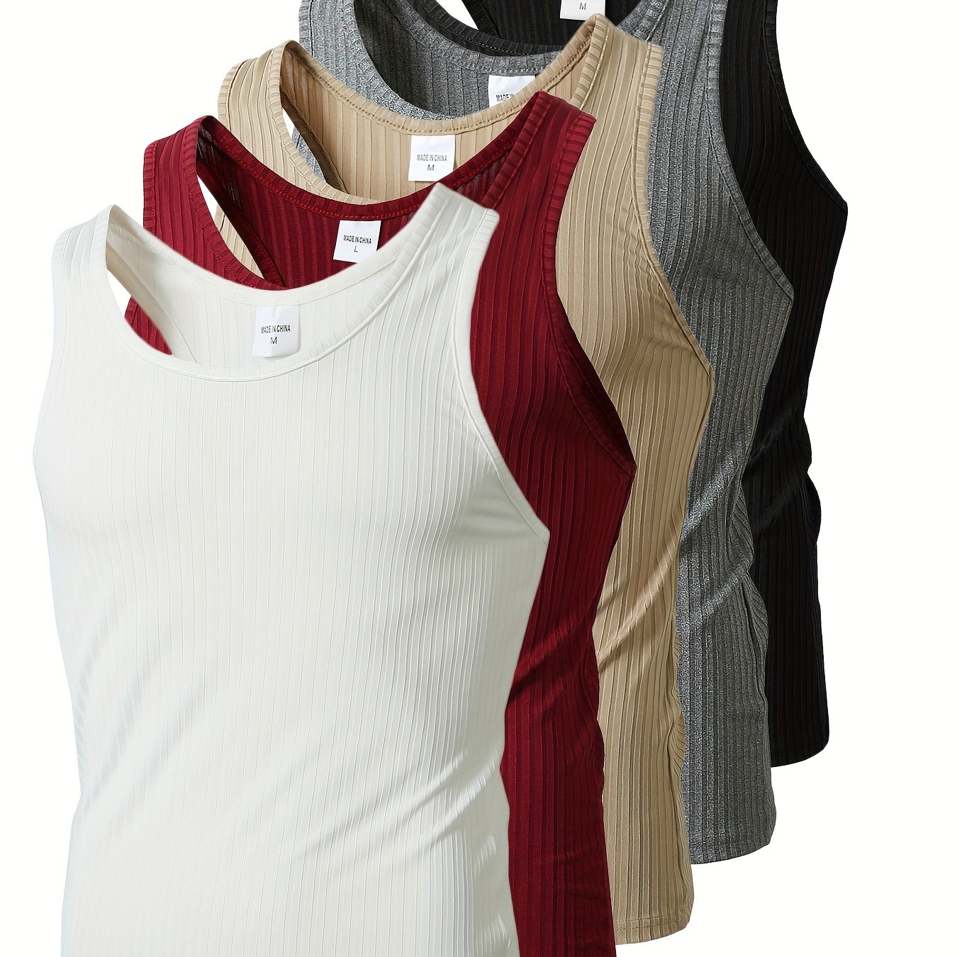 TEMU Bx1 [set Of 5] Summer Knitted Vertical Striped Polyester Base Casual Daily Wear Fitness Sports Slim Fit Vest Men's Micro-elastic Round Neck Tank