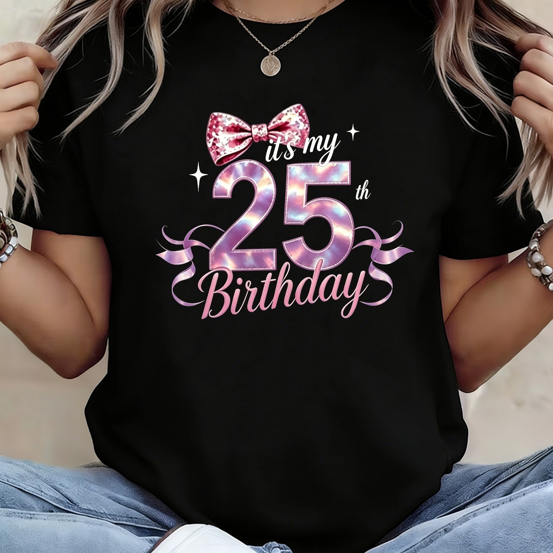 TEMU Women's 25th Birthday T-shirt - Glitter Bow & Number Pink-purple Suitable For 25 Year Olds, Round Neck Short Sleeve -compatible , Machine