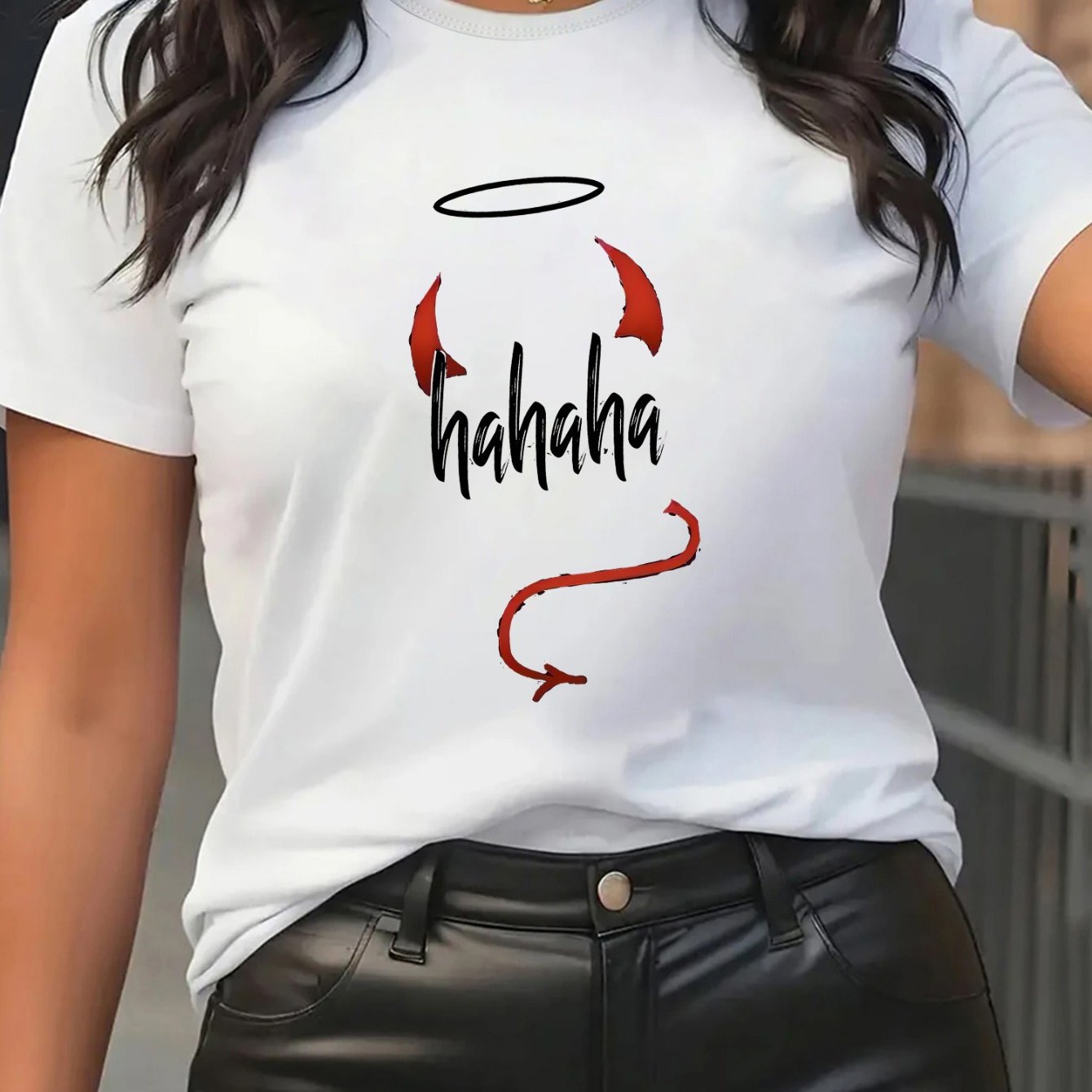 TEMU Women's Casual Sport Polyester Short Sleeve T-shirt, With Devil Horns Halo Graphic, Text, Pure Polyester