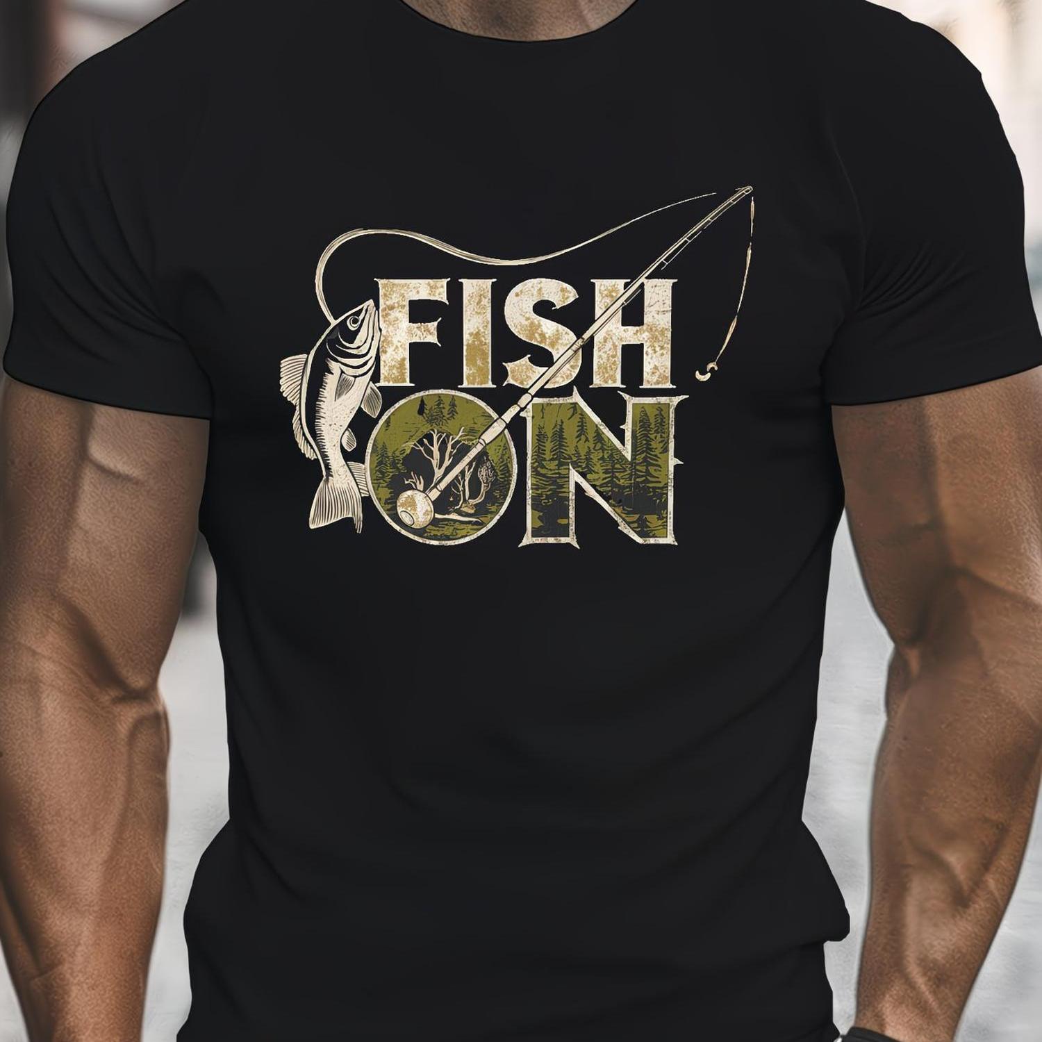 Men's T Shirt With A 'fish On' Design Casual Round Neck, Short Sleeves, Lightweight, And Comfortable Summer Wear
