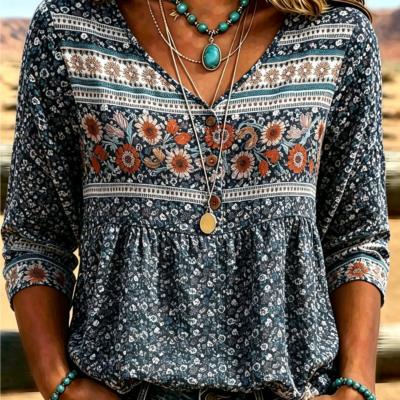 Women's Vintage Bohemian Print Shirt, V-neck, 3/4 Sleeves, Loose Casual Long Top, Western Style Shirt-44