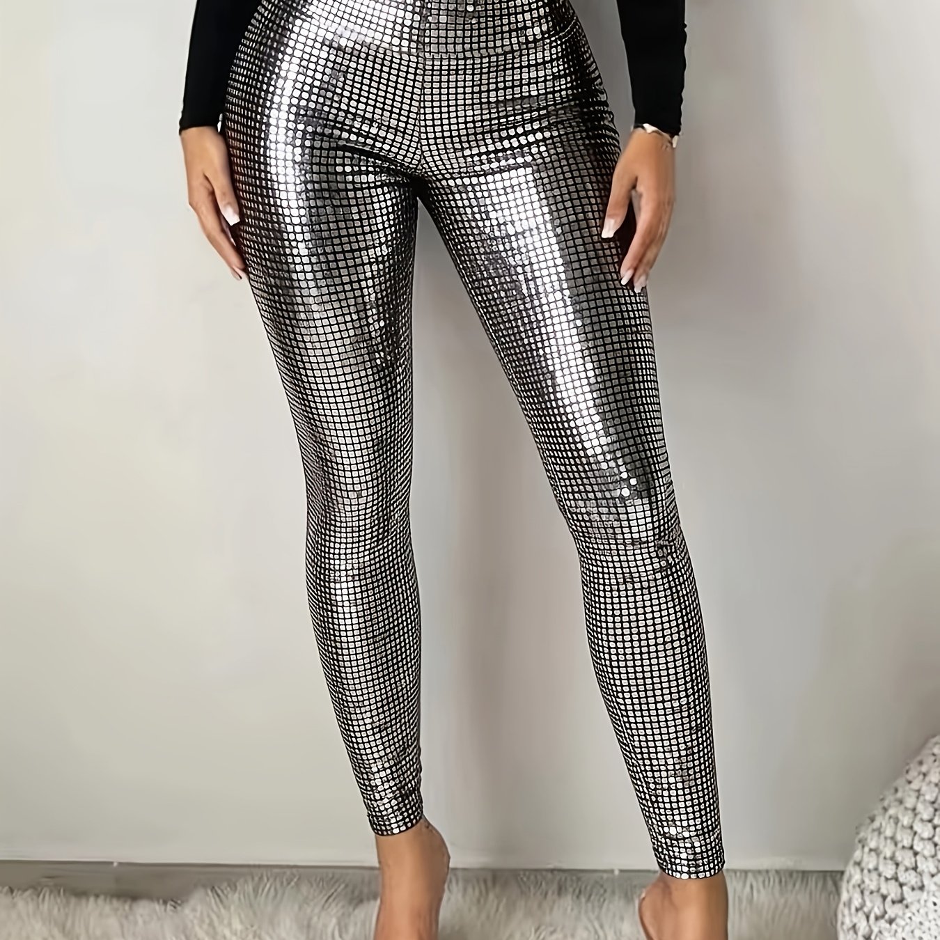 TEMU Western Style Checkered Glossy High-waist Tight Outerwear Base Long Pants