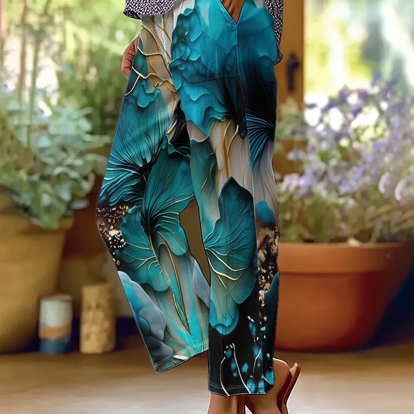 TEMU Women's Blue Golden Floral Print Straight-leg Casual Pants With Elastic-free Comfortable Straight Waist & Drawstring - Spring/autumn Trousers