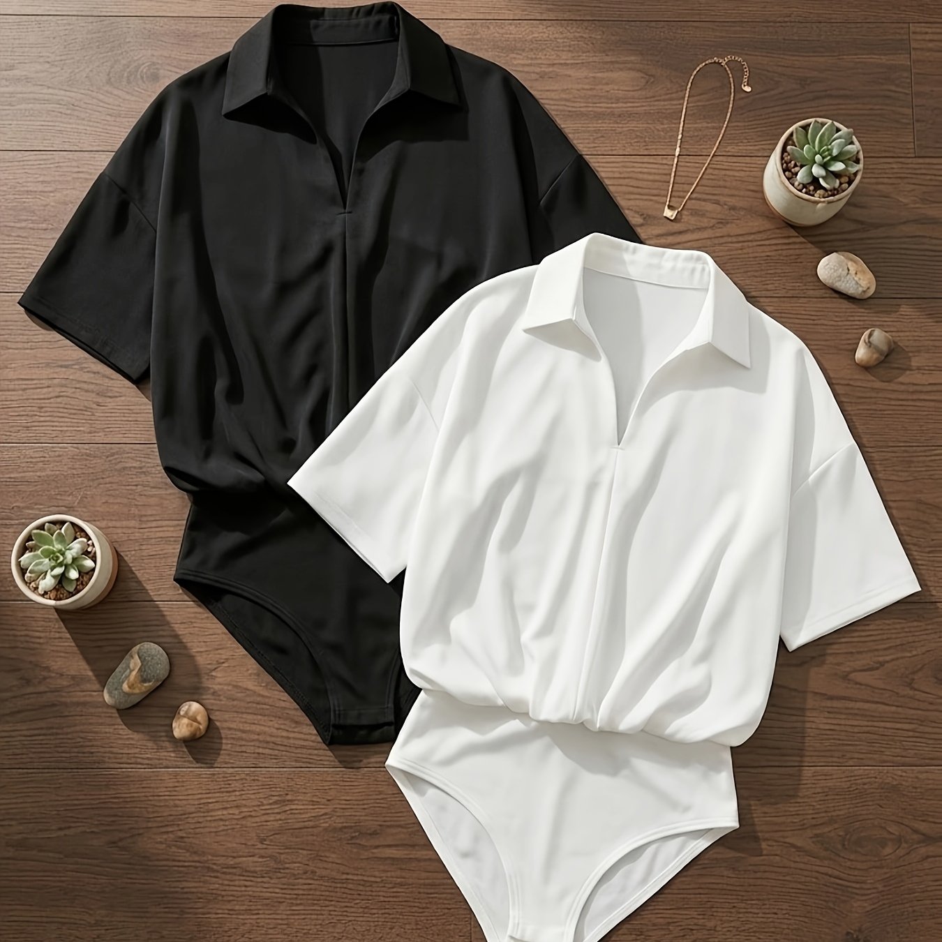 Image of 2pcs Set Women's Autumn/winter Early Fall Season Base Layer Casual Loose Fit Simple V-neck Long Sleeve Shirt Bodysuit, A Stylish, Elegant, And Versatile Bodysuit Set That Worn Alone Or Layered