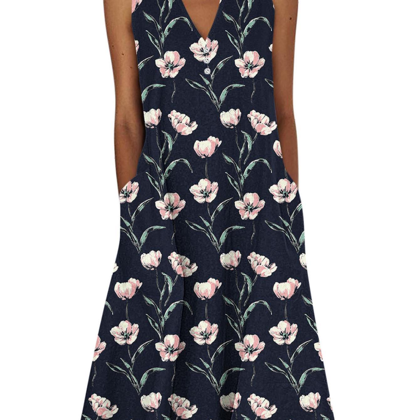 Image of Women's Floral Print Maxi Dress, Sleeveless V Neck A-line Long Dress, Casual Summer Beach Dress