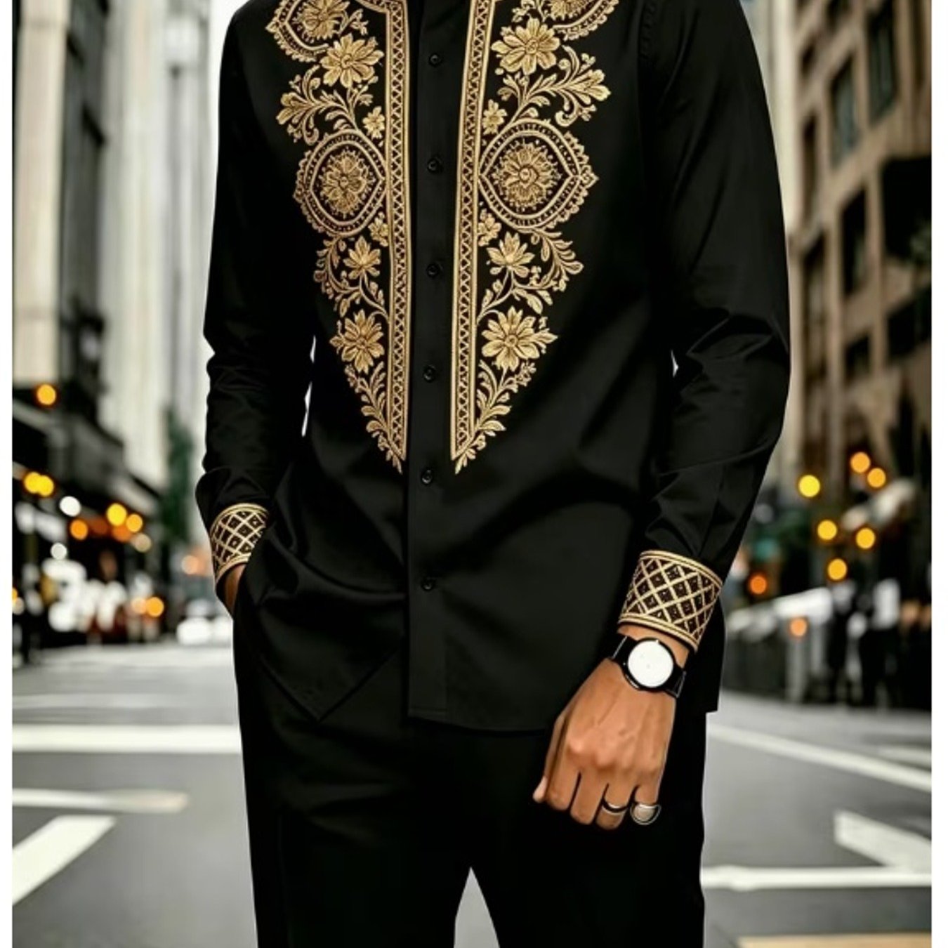 Image of Stand Collar Men's Style Trendy Golden Floral Embroidery Button Shirt Adult Men Casual Wear Party Outfit Holiday Gift, Plus Size