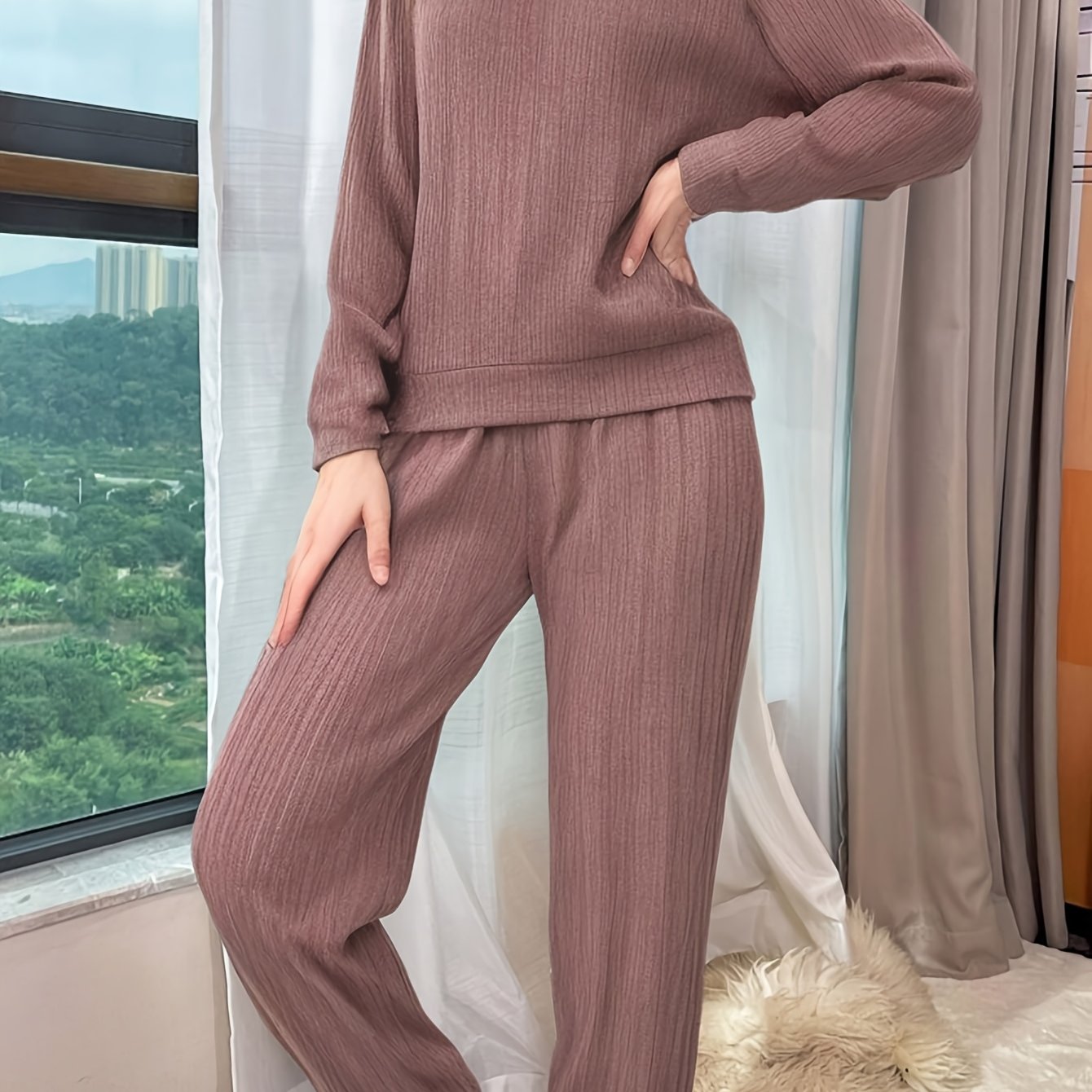 TEMU Round Neck Long Sleeve Top And Pants, Fall Winter Women's Casual Comfortable Pajamas