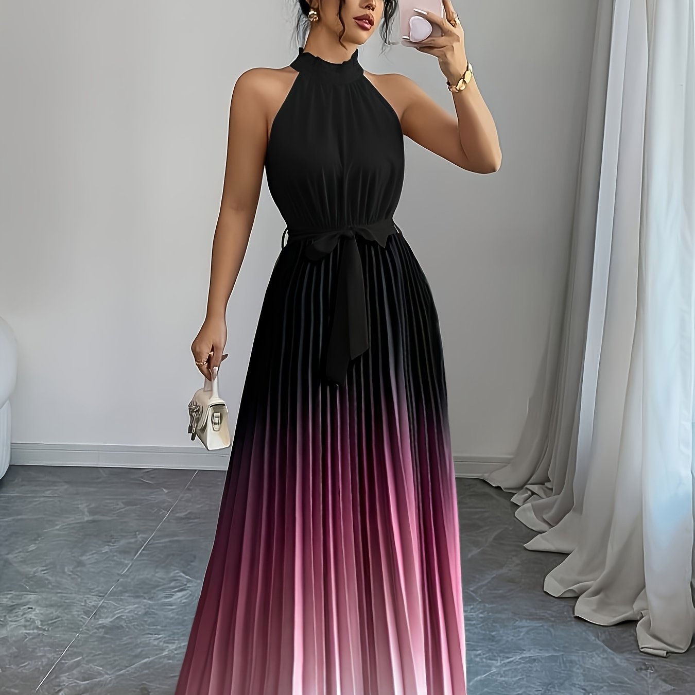 Digital Printing Gradient Folding Sleeveless Dress