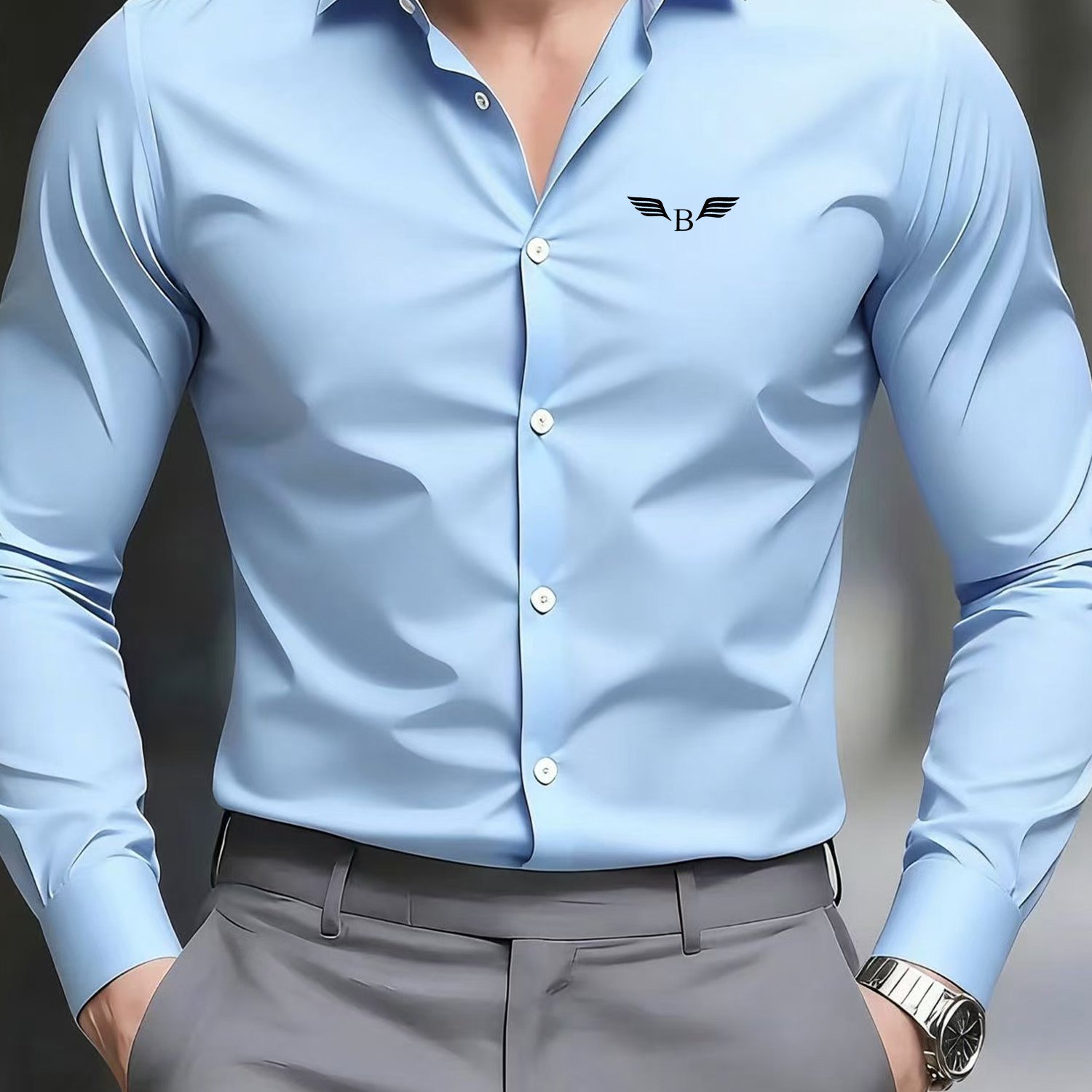 TEMU Men's Pointed Collar Anti-wrinkle Shirt, Individual Print, Gray Business Casual Versatile Top