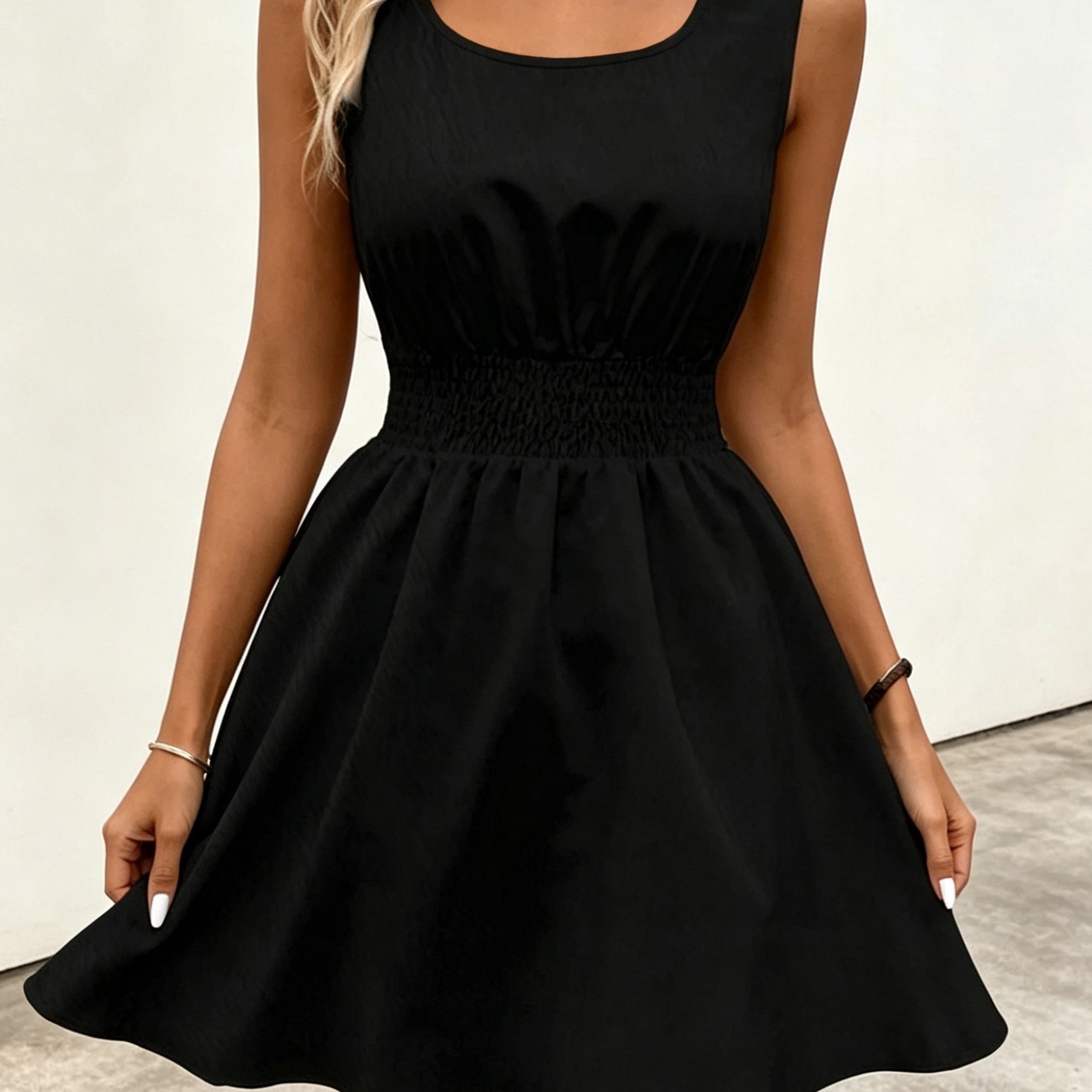 TEMU Solid Color Daily Commuting Style Leisure Sleeveless Waist Cinched A-line Dress, Sleeveless Round Neck Dress, Showcasing Figure, Suitable For ,