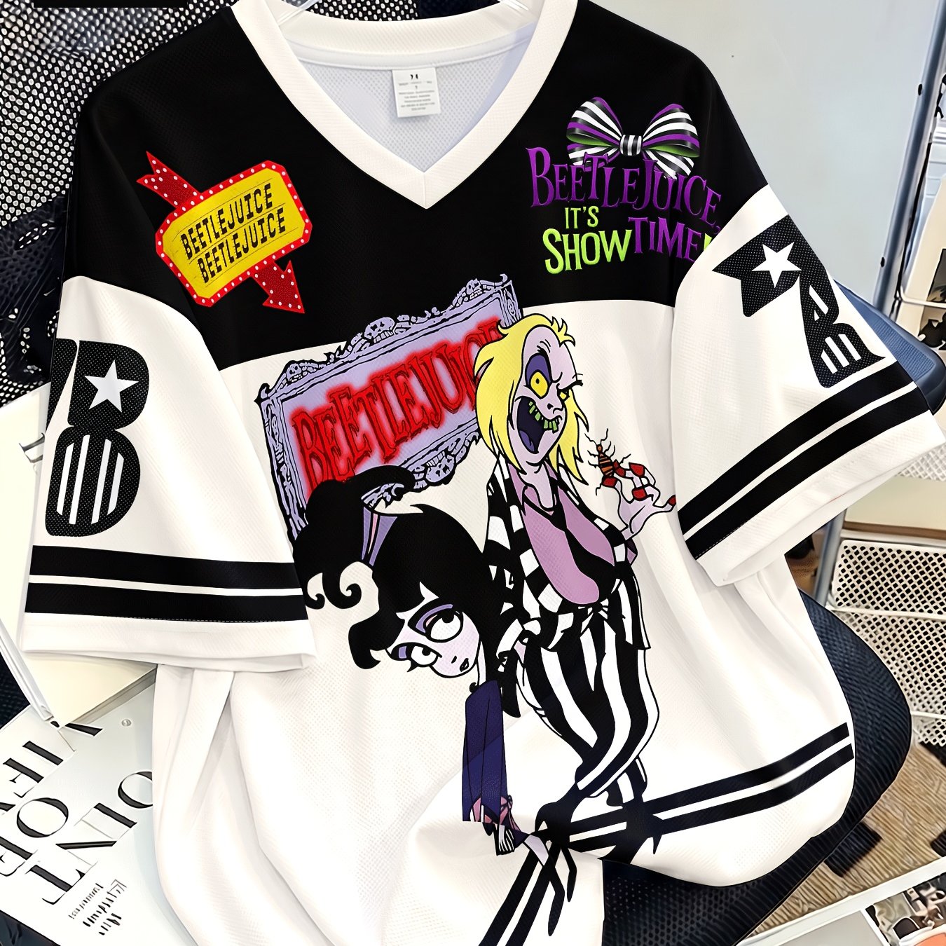 TEMU Plus Size, Wb Women's Beetlejuice Themed T-shirt - Plus Size V-neck Short Sleeve Top With Beetlejuice Print, Vintage Streetwear Style, Machine