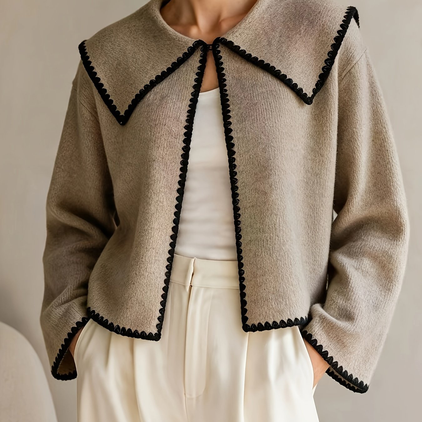 TEMU Women's Fashion Loose Shell Embroidery Fabric Cardigan, Casual And Elegant For Home, Daily Wear, And Commuting, Autumn/winter Style
