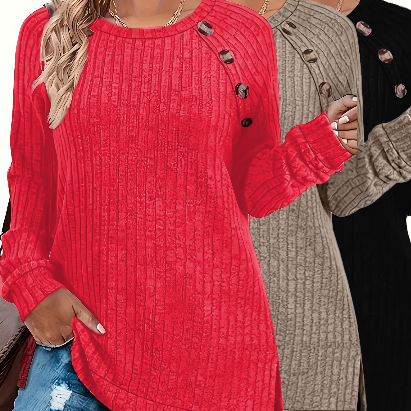 Plus Size, Autumn/winter European And Button Decor Side Slit Plus Size Women's Long Sleeve -piece Set