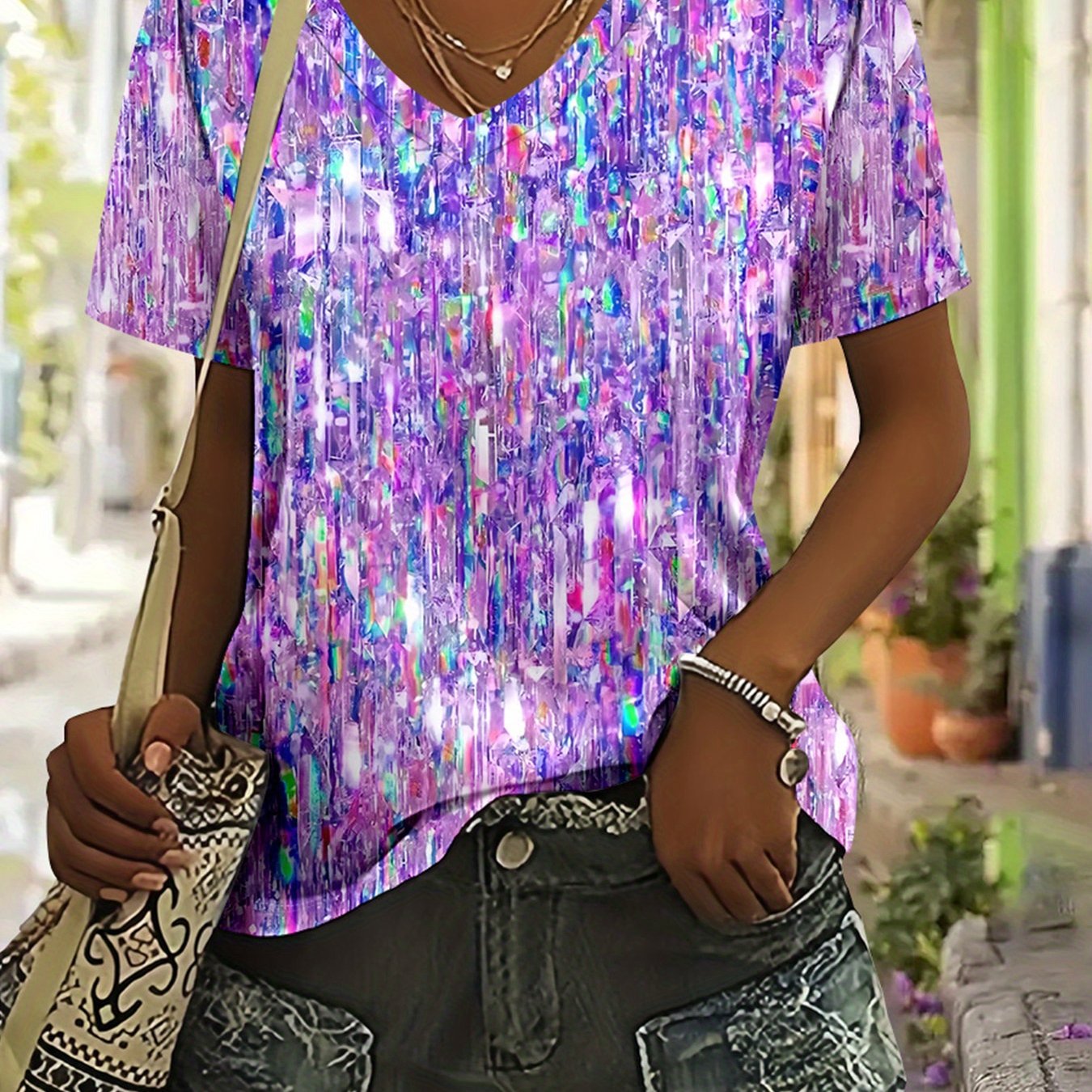 E-shop Plus Size, Europäische Amerikanische Mode Damen V-Ausschnitt Kurzarm - 1106