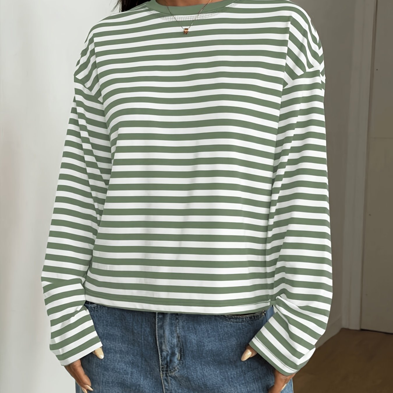 TEMU Übergröße, Vintage Color-Block gestreiftes lockeres Langarm-T-Shirt, neuer Herbst/Winter-Stil, Rundhals-Designer-Basisschicht-Oberteil
