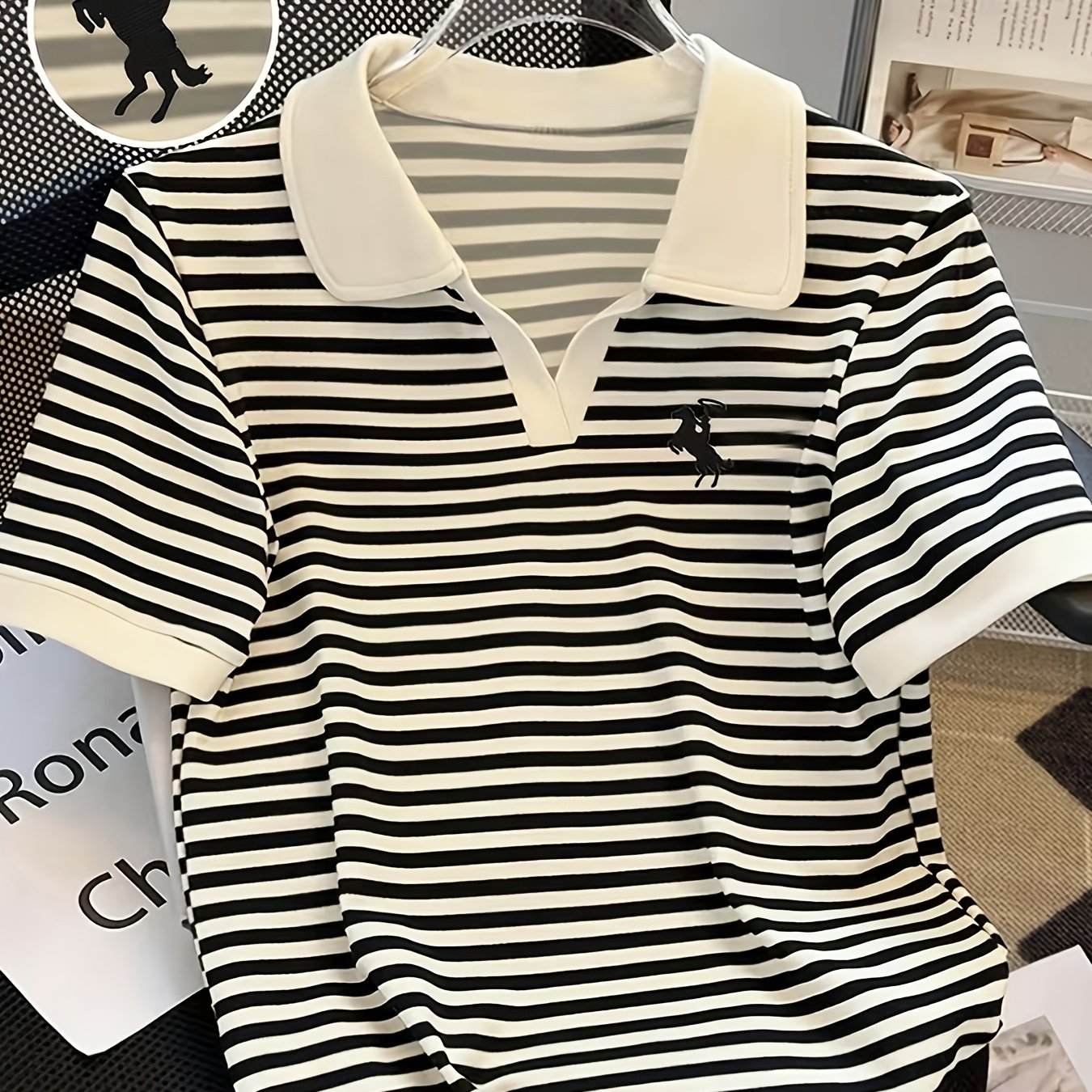 TEMU Plus Size, Plus-size Knight Stripe Embroidered Women's Crewneck Short-sleeve T-shirt, Stylish Stripe Color-blocking Versatile Casual Summer Top
