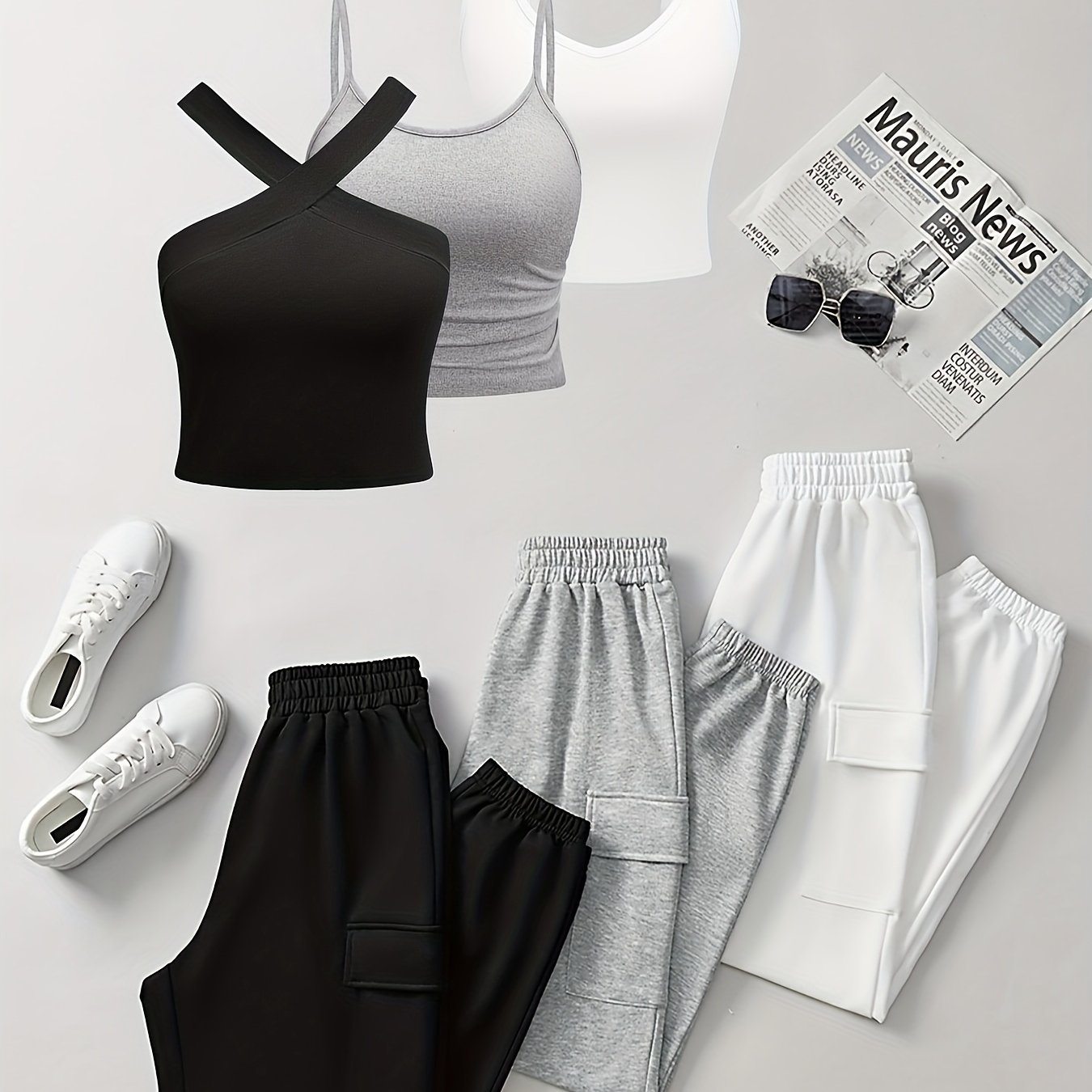 Image of 6pcs Women's Spring Summer Casual Soft Comfortable Sleeveless Halter Round Neck Vest Elastic Waist Pocket Cargo Pants Solid Color Up And Home Clothes Suit Set