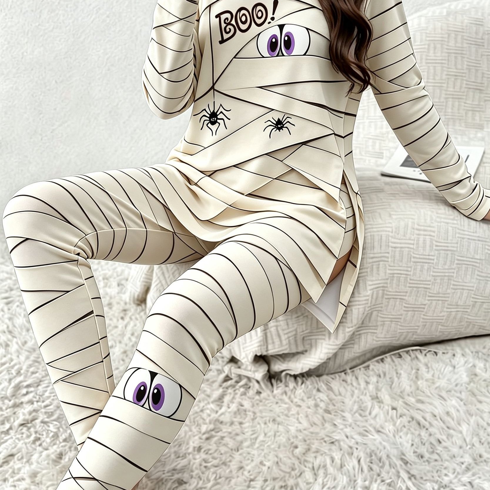 TEMU Women's Halloween Boo Spider Pattern 2pcs Set, Long Sleeve Slit Top & Stretchy Leggings, A Casual Halloween Party Loungewear Set, Suitable For