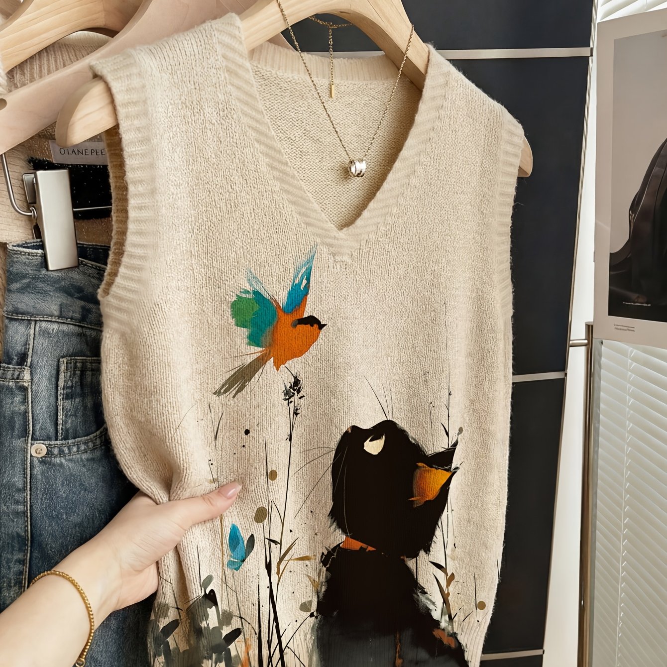 TEMU 2026 New Women's All Over Printed Sleeveless V-neck Sweater Vest, Trendy Layering, Featuring Ultra-high-definition Ink Style Black Cat And Bird