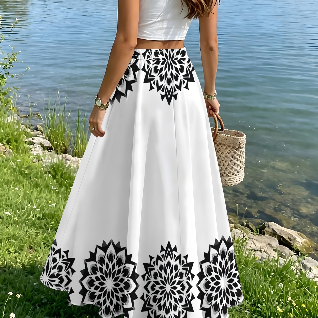 TEMU Black Pattern Elegant Skirt, Summer Casual
