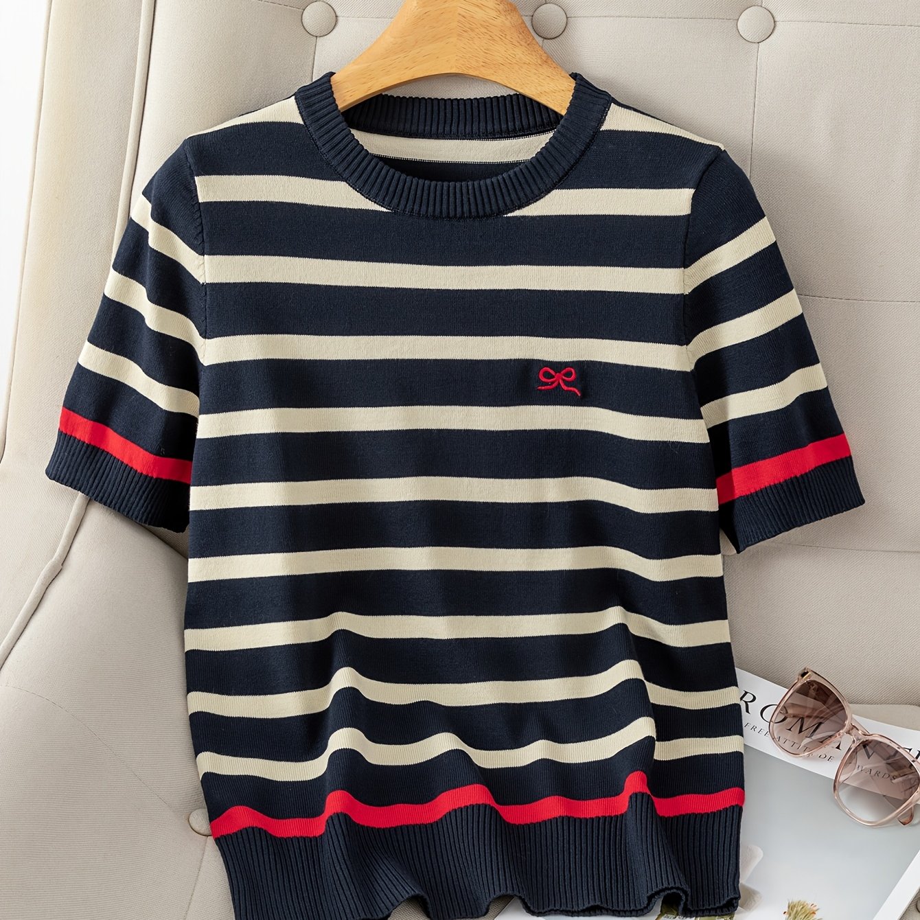 E-shop Damen Elegantes Schleifenverziertes Streifenmuster Rundhalsbluse - Lockerer Schnitt Kurzarm T-Shirt, Sommer Casual & Bürokleidung,