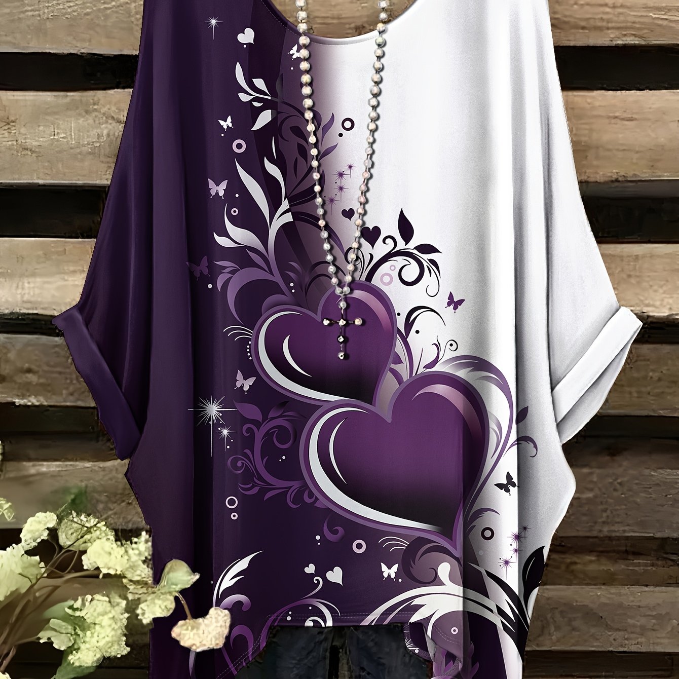 Image of Plus Size, Elegant Bohemian Plus Size Minimalist Vintage Heart Print Irregular Hem Round Neck T-shirt, Fashionable And Versatile, Machine Washable - For - No Accessories Included