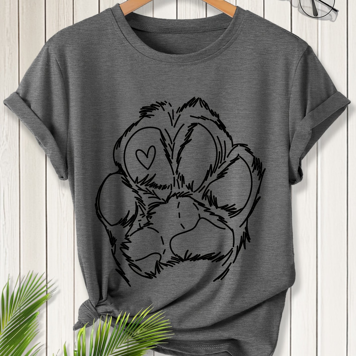 TEMU T-shirt da donna elegante a maniche corte con stampa di di animale e design a cuore, . Adatta per ed estate. , , morbida, traspirante. Nuovo
