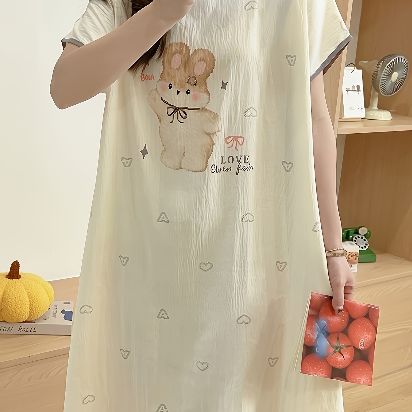 TEMU 새로운 반팔 구름 잠옷 여성용 루즈핏 잠옷 얇은 라운드넥 만화 토끼 캐주얼 홈웨어 잠옷