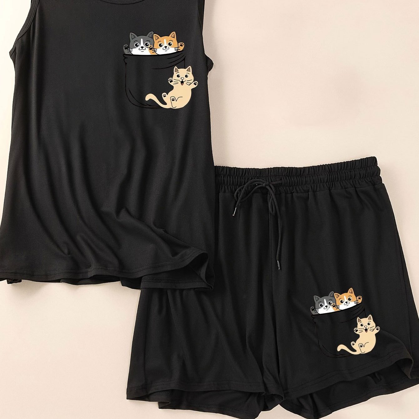 TEMU Women's Plus Size Casual Lounge Set With Pocket Cats Print - Tank Top & Shorts, Soft Polyester Fabric, Indoor , Relaxed Outfit| Graphic|stretchy