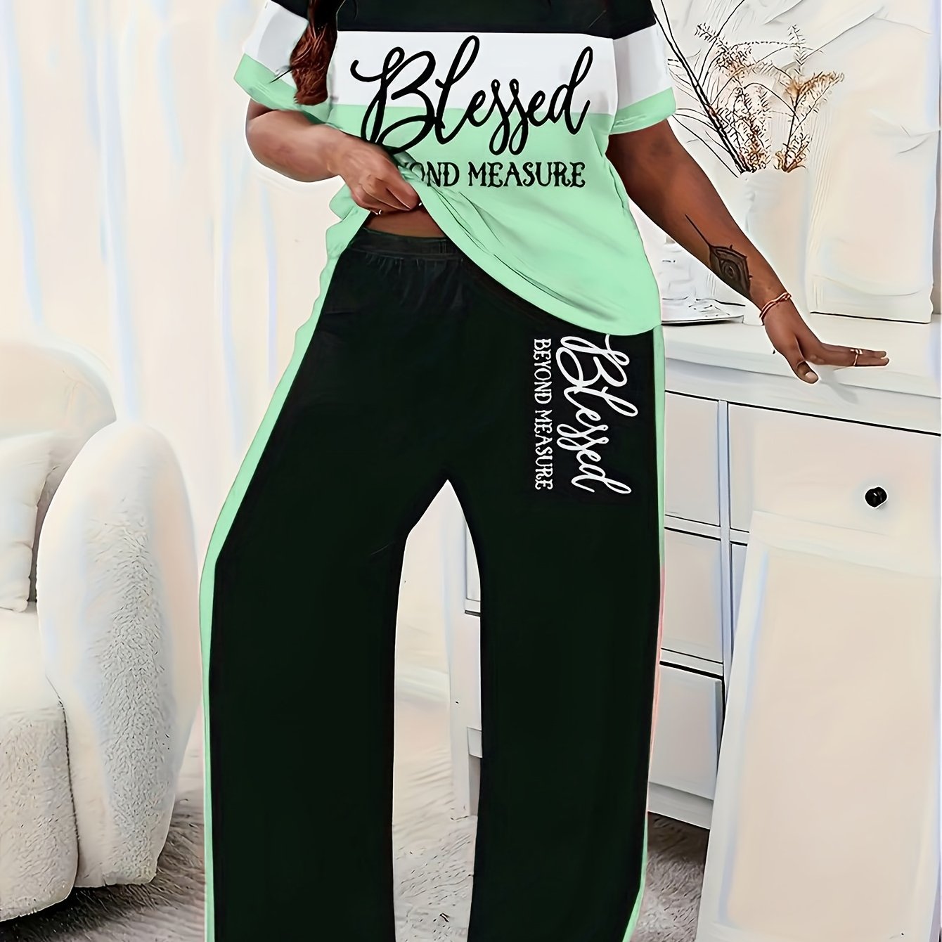Image of Women's Plus Size Pajama Set - "" Letter Short Sleeve And Comfortable Pants, Loungewear, Loose Fit | Polyester Fabric