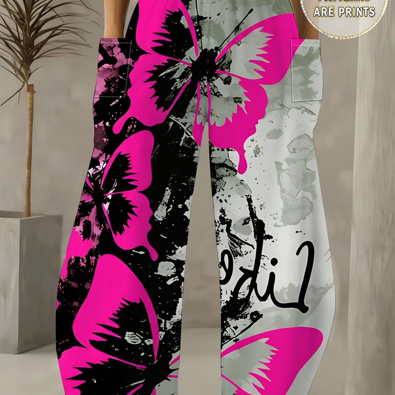 TEMU Women' Size Comfortable& Breathable Wide-leg Pants, Rose Red Ink Splash Print With Life Lettering, Trendy Contrast Color Elastic Waist, Loose&