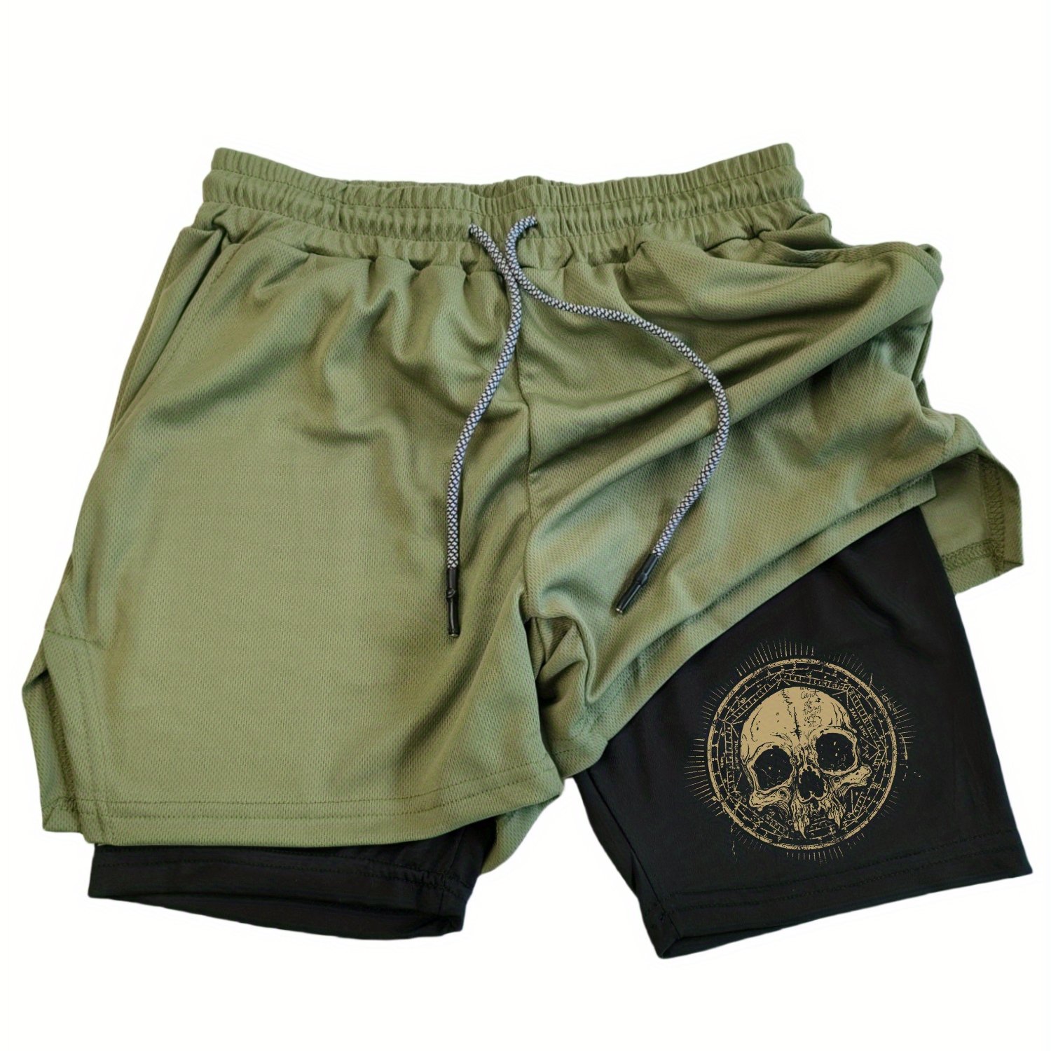 Image of Men'-layer Sports Shorts - Skull Print, Soft And Sweat Absorbing, Breathable And Comfortable, Trendy And Design!