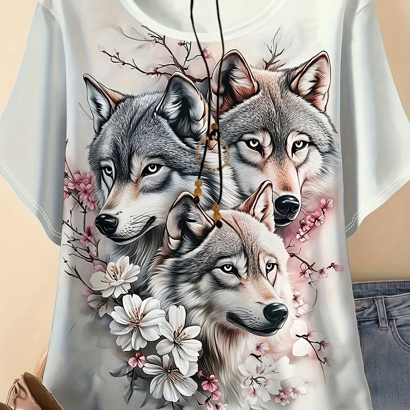 TEMU Plus Size - Plus Size - Summer Full-size Women's Round Neck Short-sleeve T-shirt With A 3 Wolf Head Floral Print, Suitable For Outdoor Casual