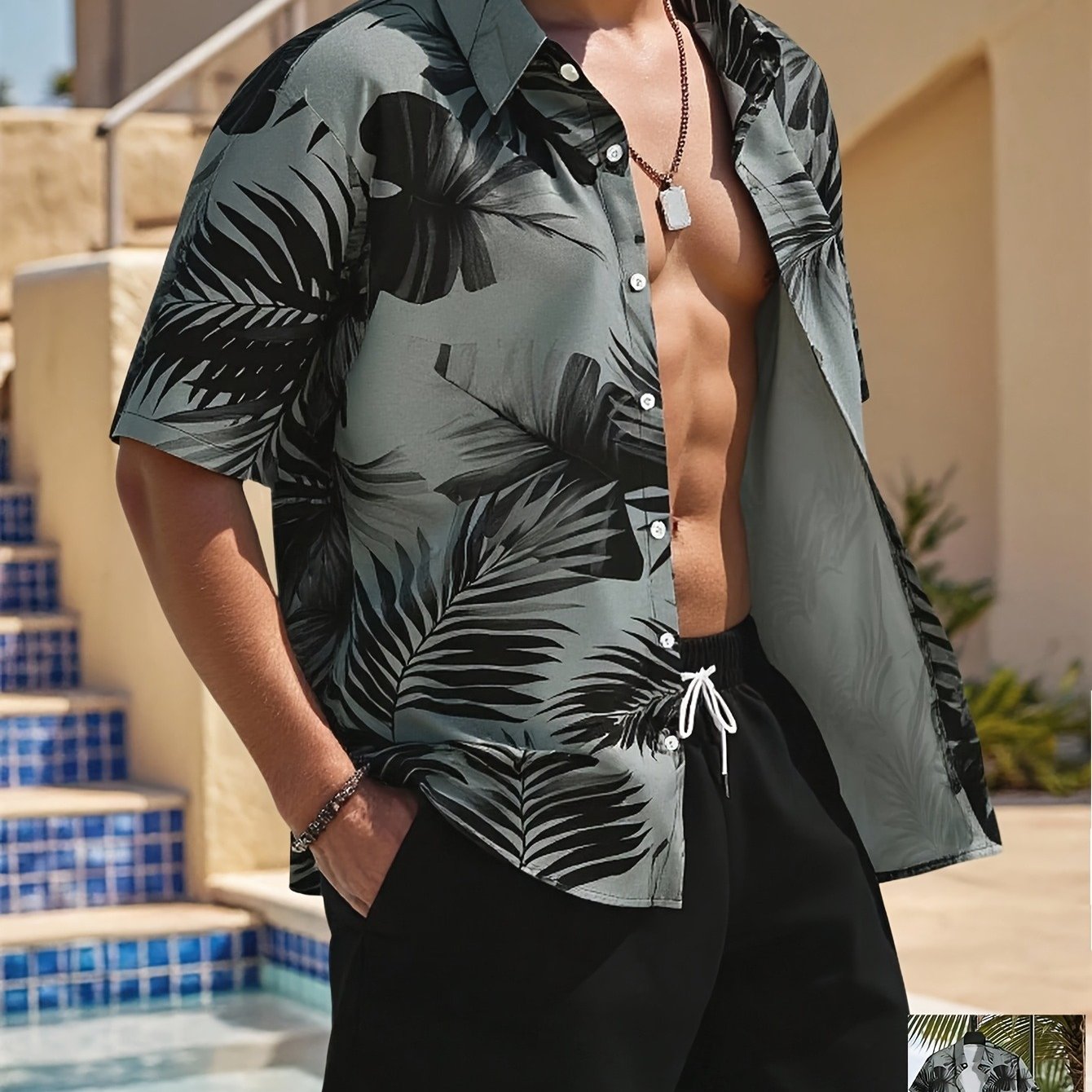 TEMU Men's Summer Short-sleeve Shirt With Tropical Print, Perfect For Vibes, Casual Vacation Wear, And Beach Attire. , Trendy Item, Breathable And