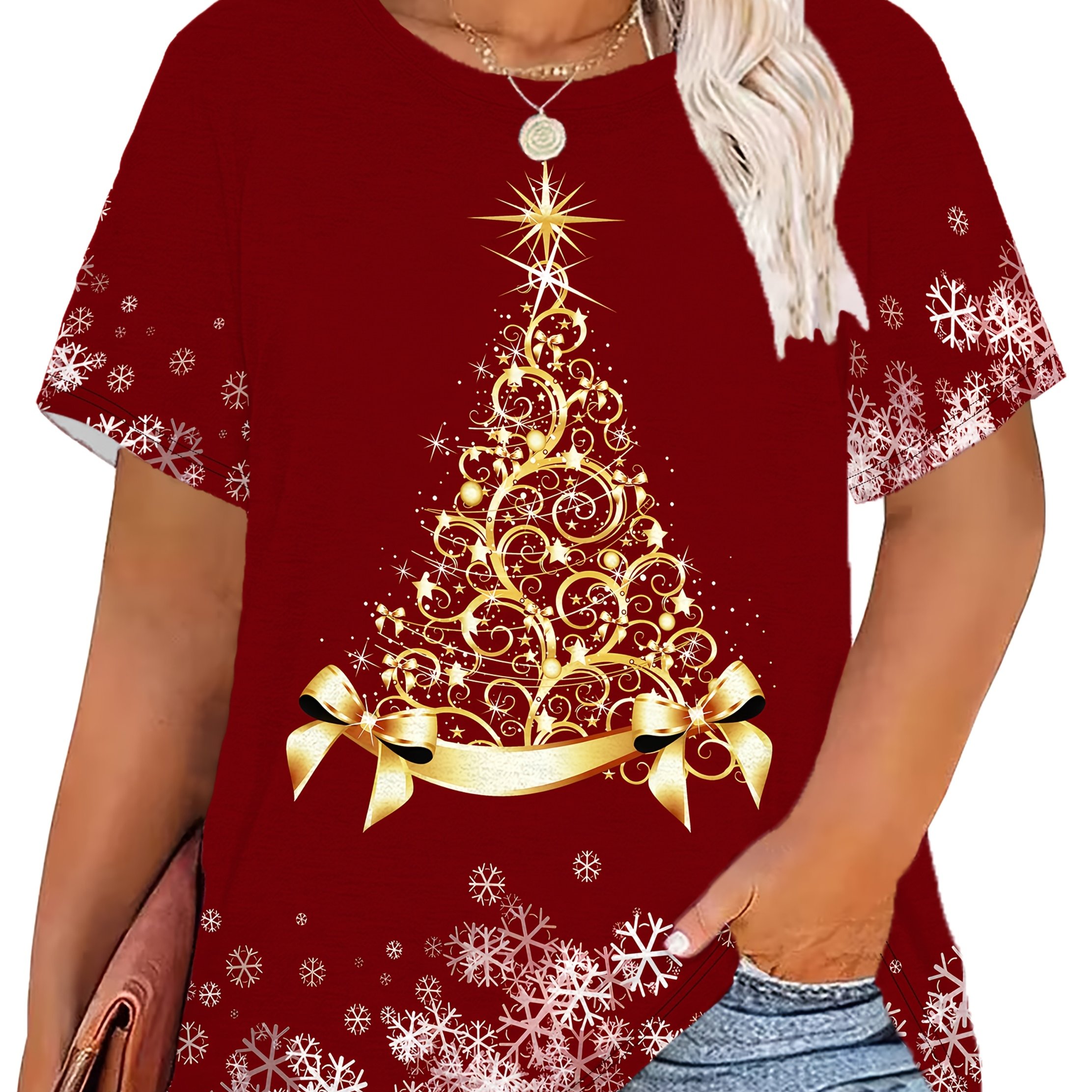 TEMU Plus Size - Plus Size - Christmas Tree Printed Round Neck T-shirt, Casual Short-sleeve Top, Suitable For Autumn And Winter, Plus Size Women's