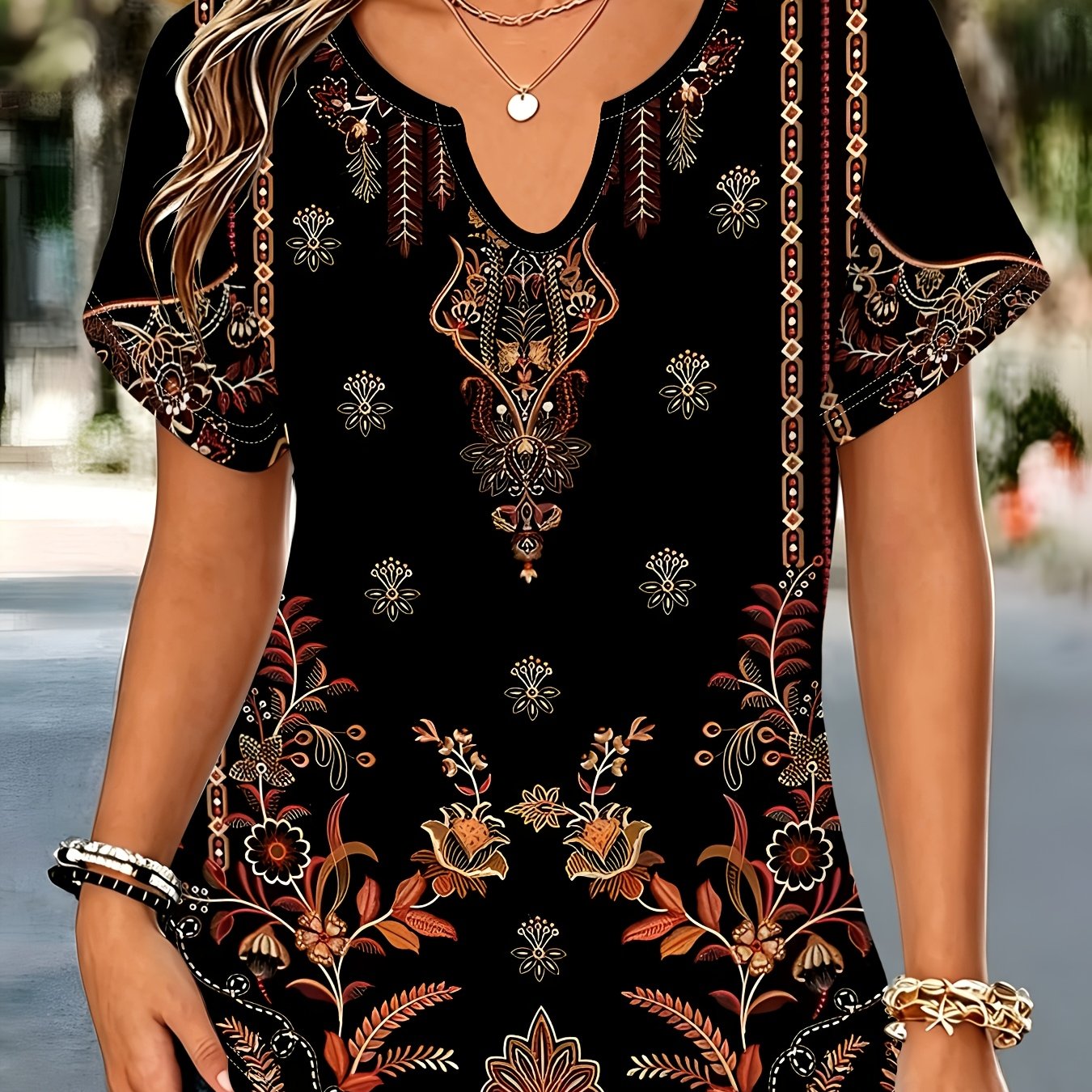 TEMU Black Background Retro Rich Ethnic Style Floral Print V-neck Loose Plus Size Short Sleeve T-shirt, Casual All-match Temperament Top